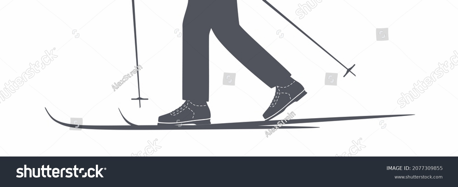 SVG of Skier with ski poles on snow ski track. SVG.Silhouette.Skis. Person cross-country skiing. Active lifestyle. Winter sport, active leisure. Outdoor recreation activity. Isolated flat vector illustration svg