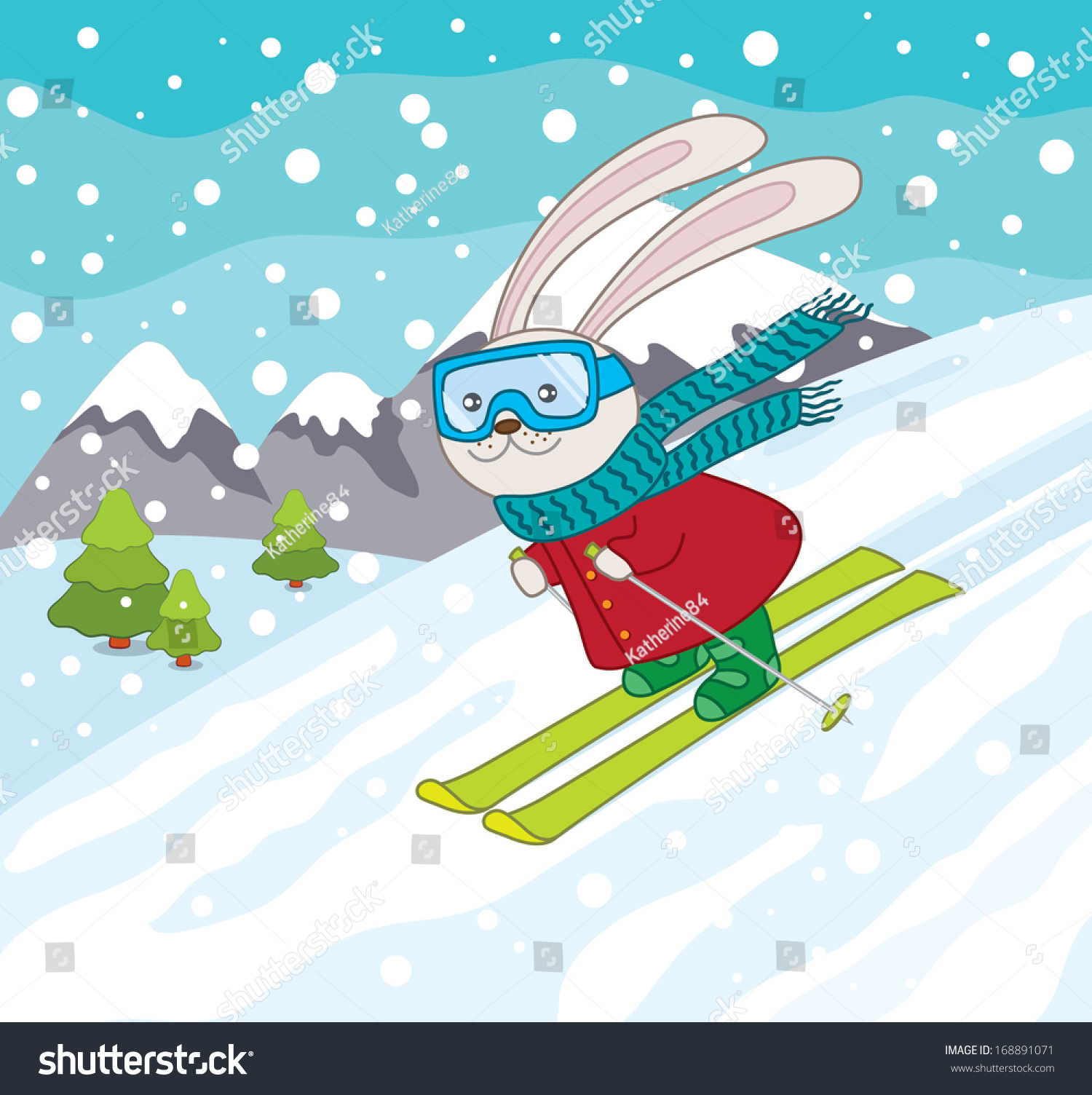 Skiing Rabbit Winter Landscape Stock Vector 168891071 - Shutterstock