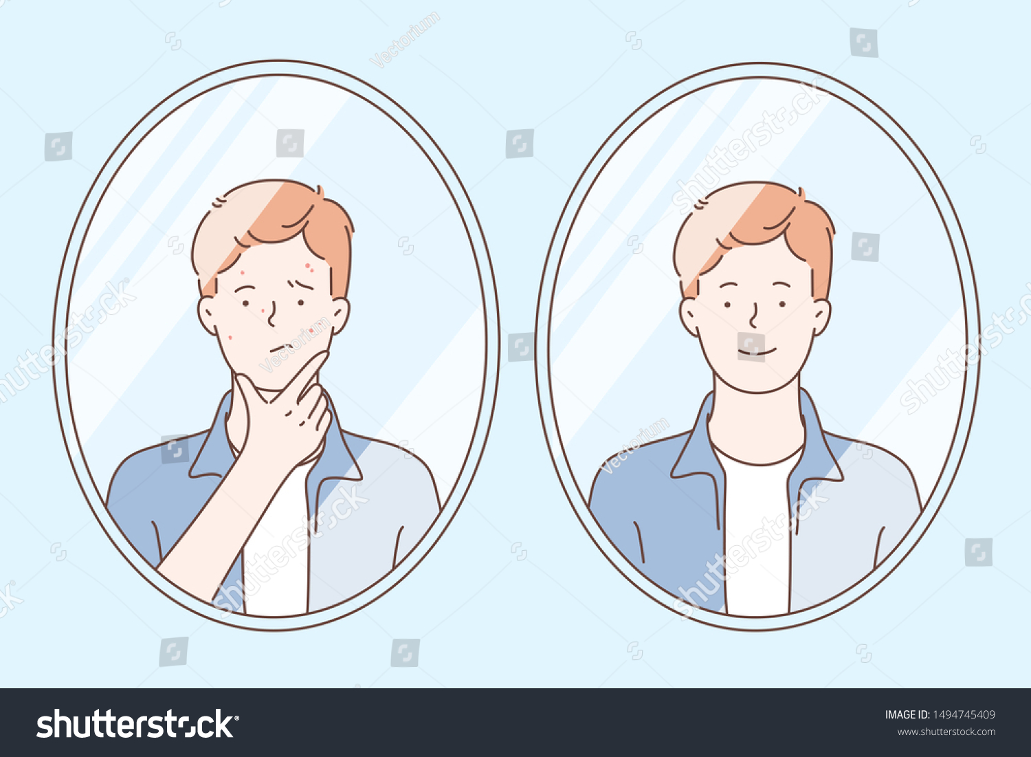 SVG of Skin care concept. Teenager before and after acne treatment procedure. A young guy, looking at the reflection of his face in the mirror in the bathroom. Simple flat vector. svg