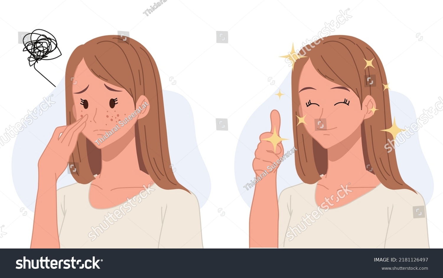 SVG of Skin care concept.woman,girl with acne.Before and after acne.Flat vector 2d cartoon character illustration. svg