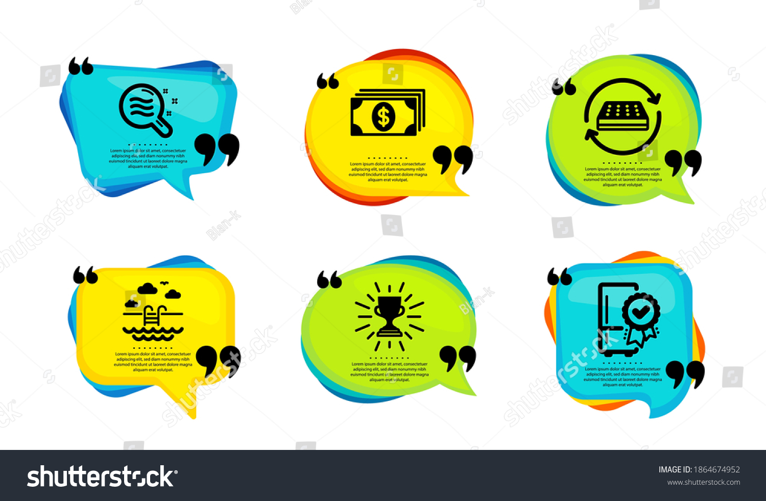 SVG of Skin condition, Banking and Swimming pool icons simple set. Speech bubble with quotes. Trophy, Mattress and Certified refrigerator signs. Search magnifier, Money payment, Basin. Vector svg