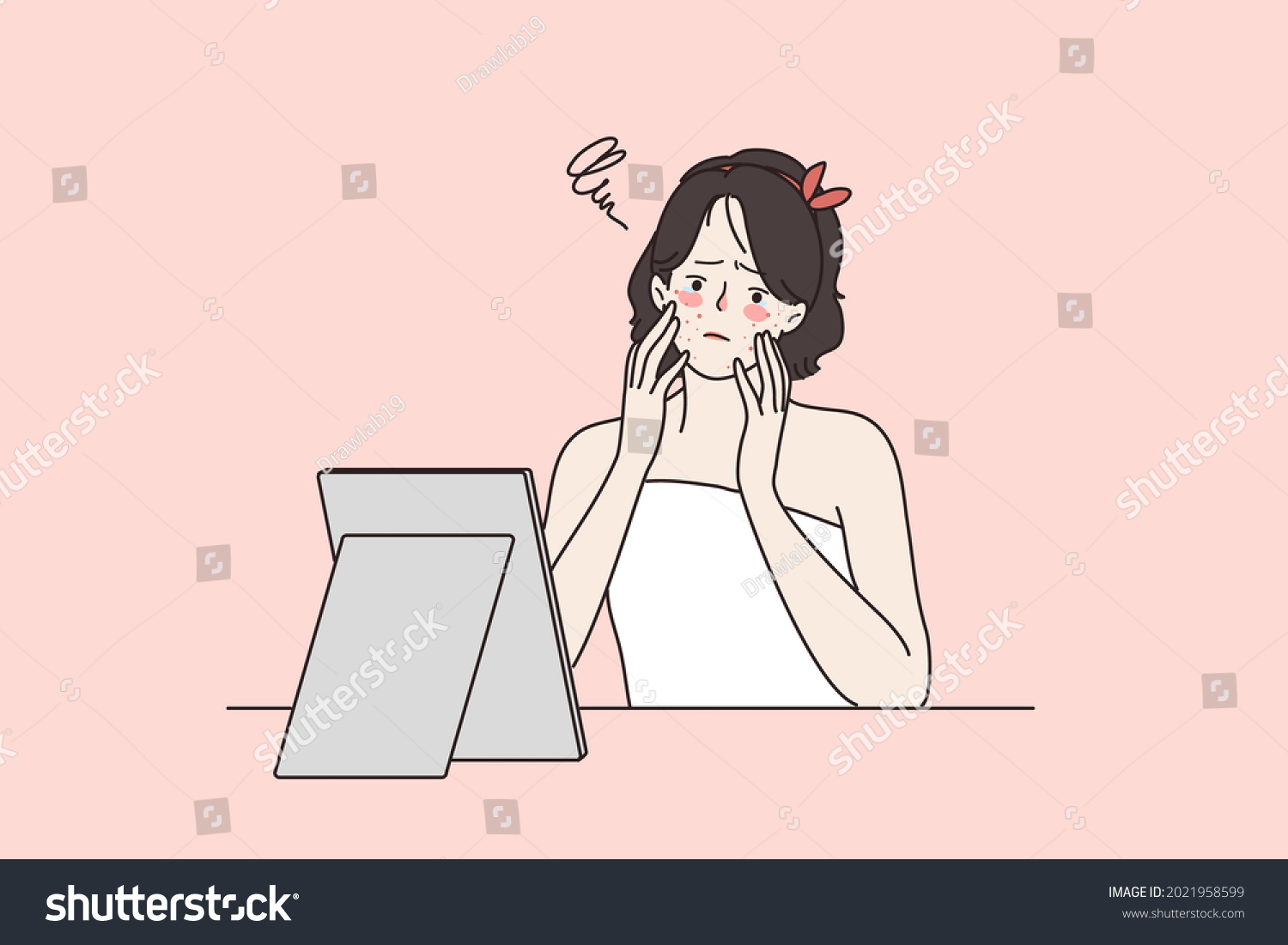 SVG of Skin problems, allergy, acne, pimples concept. Young upset woman sitting looking at her unhealthy skin in mirror feeling stressed vector illustration svg