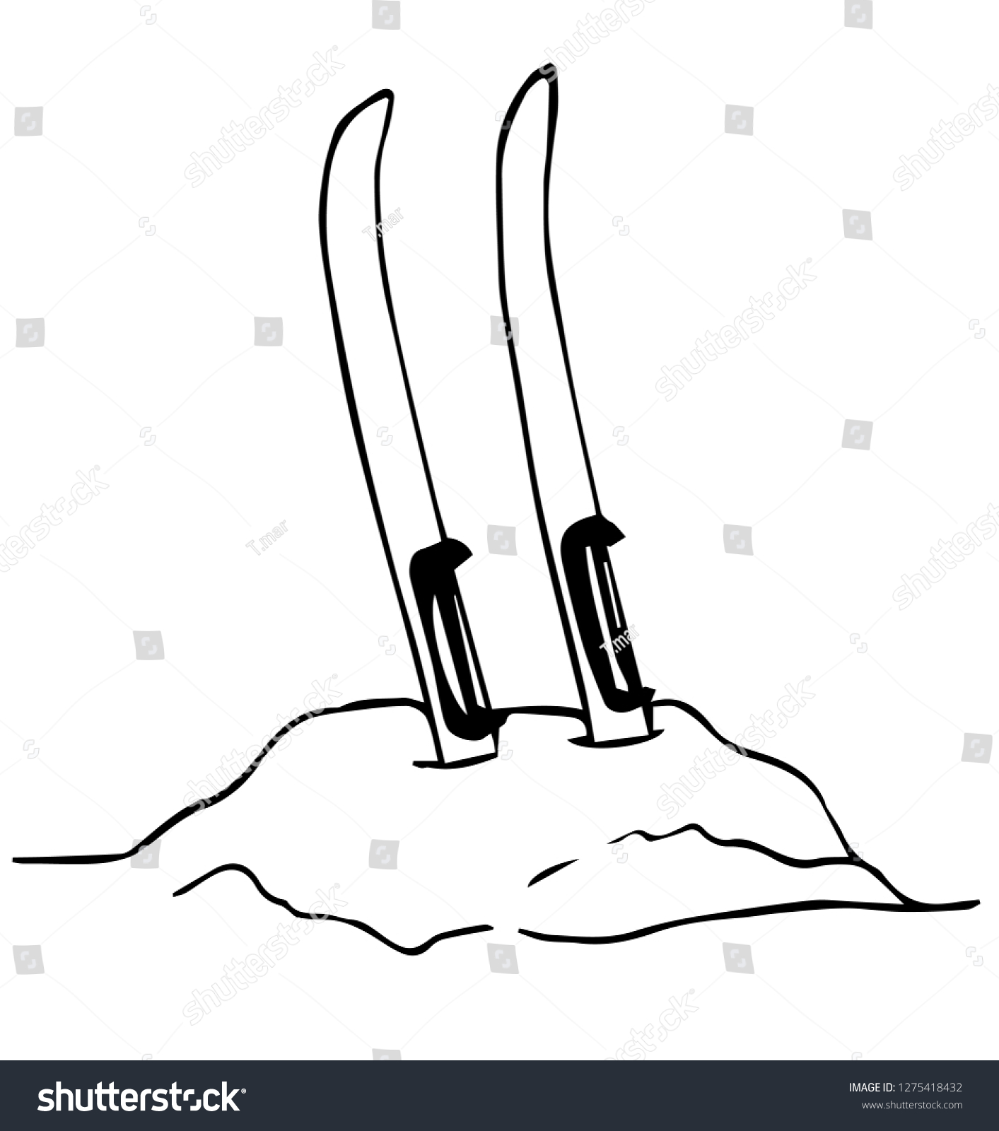 Skis Stuck Snow Drawing Outline Vector Stock Vector (Royalty Free