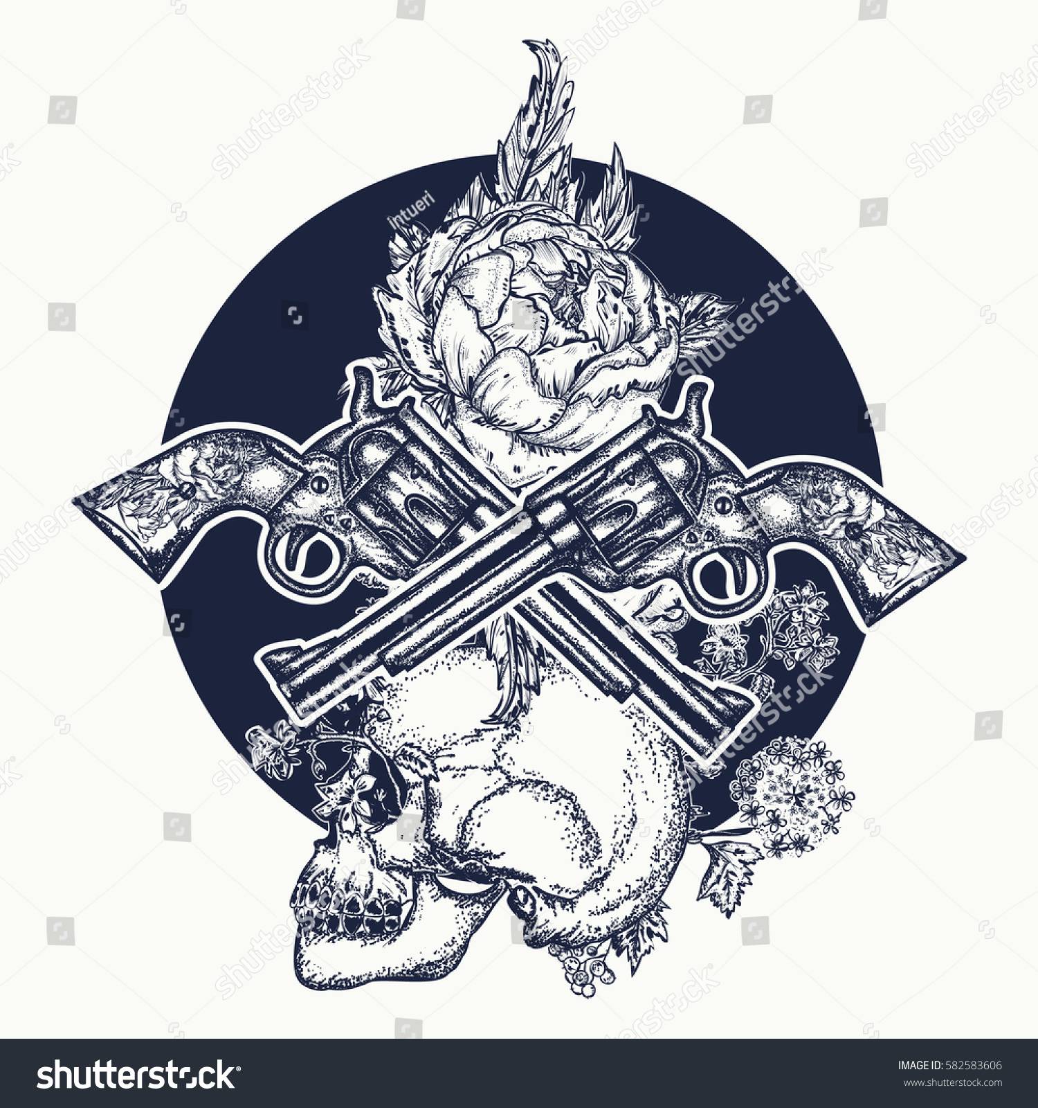 skull crossed guns rose tattoo art stock vector 582583606 skull crossed guns rose tattoo art stock vector 582583606