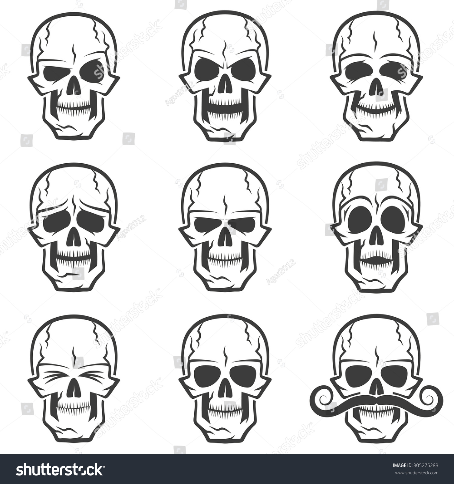 Skull Emotions Set. Wary Skull, Evil Skull, Funny Skull, Skull ...