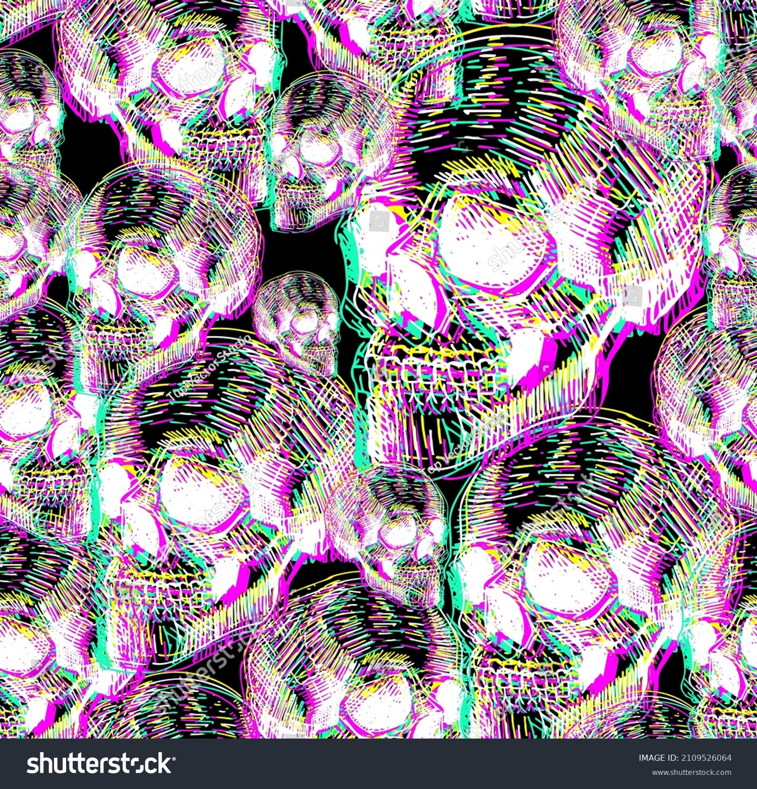 Skull Glitch Pattern Seamless Hand Drawing Stock Vector (Royalty Free