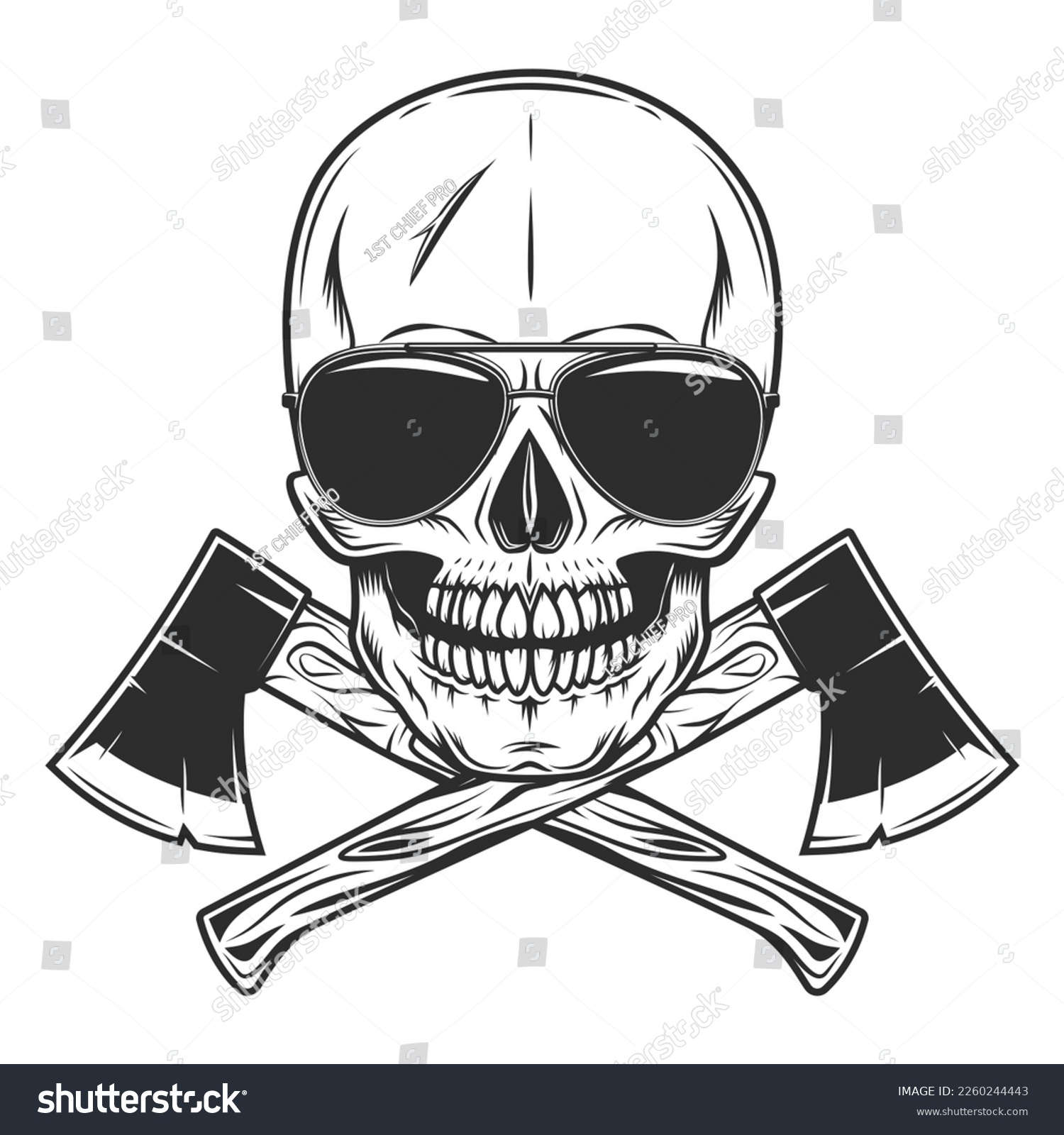 SVG of Skull in sunglasses and crossed metal ax with handle made of wood. Wooden axe construction builder tool. Element for business woodworking or lumberjack. svg