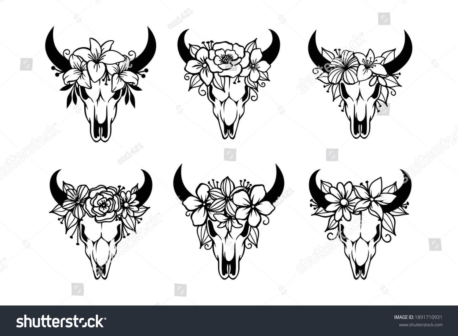 SVG of Skull of a cow with horns decorated with flowers svg