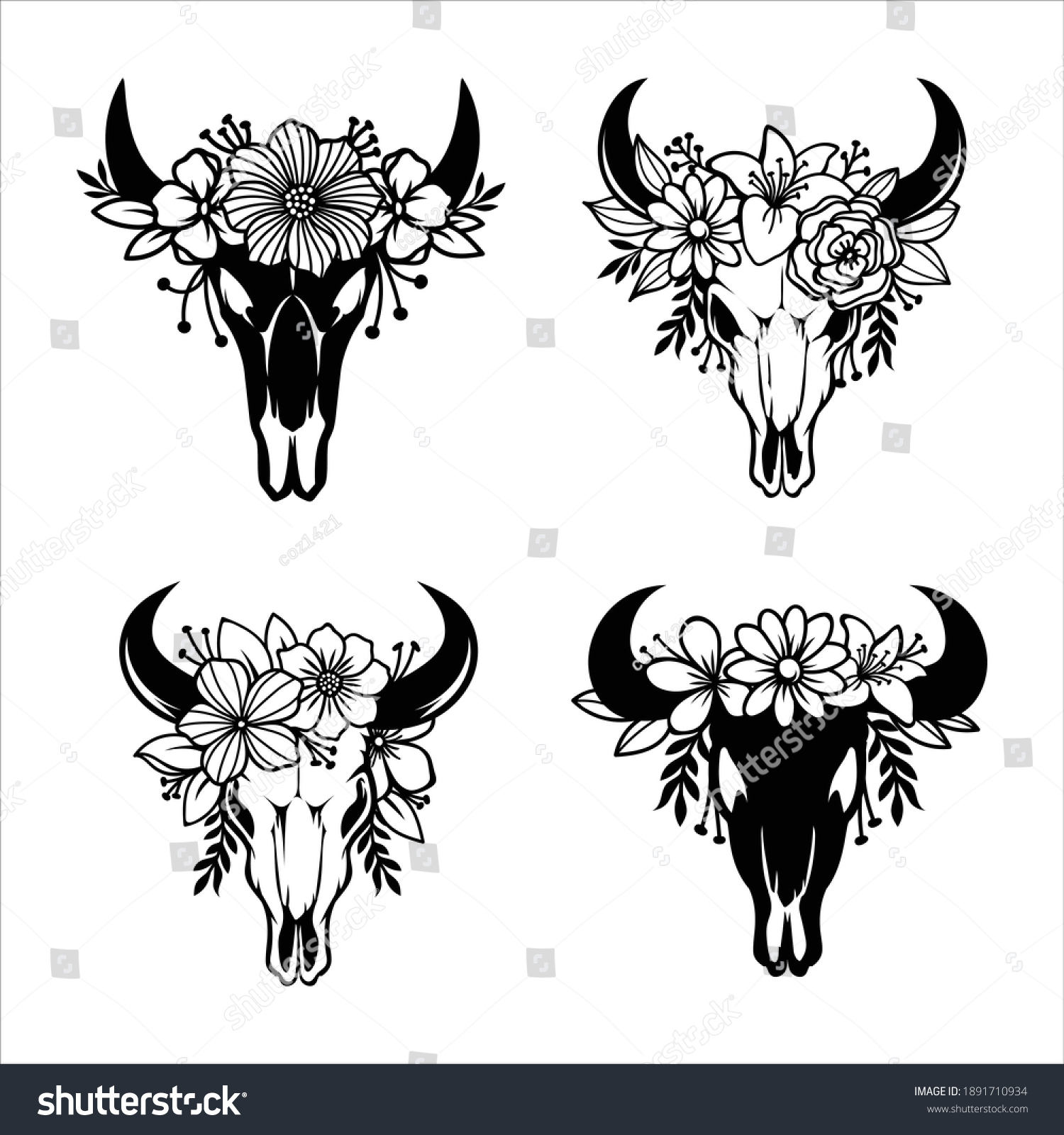 SVG of Skull of a cow with horns decorated with flowers svg