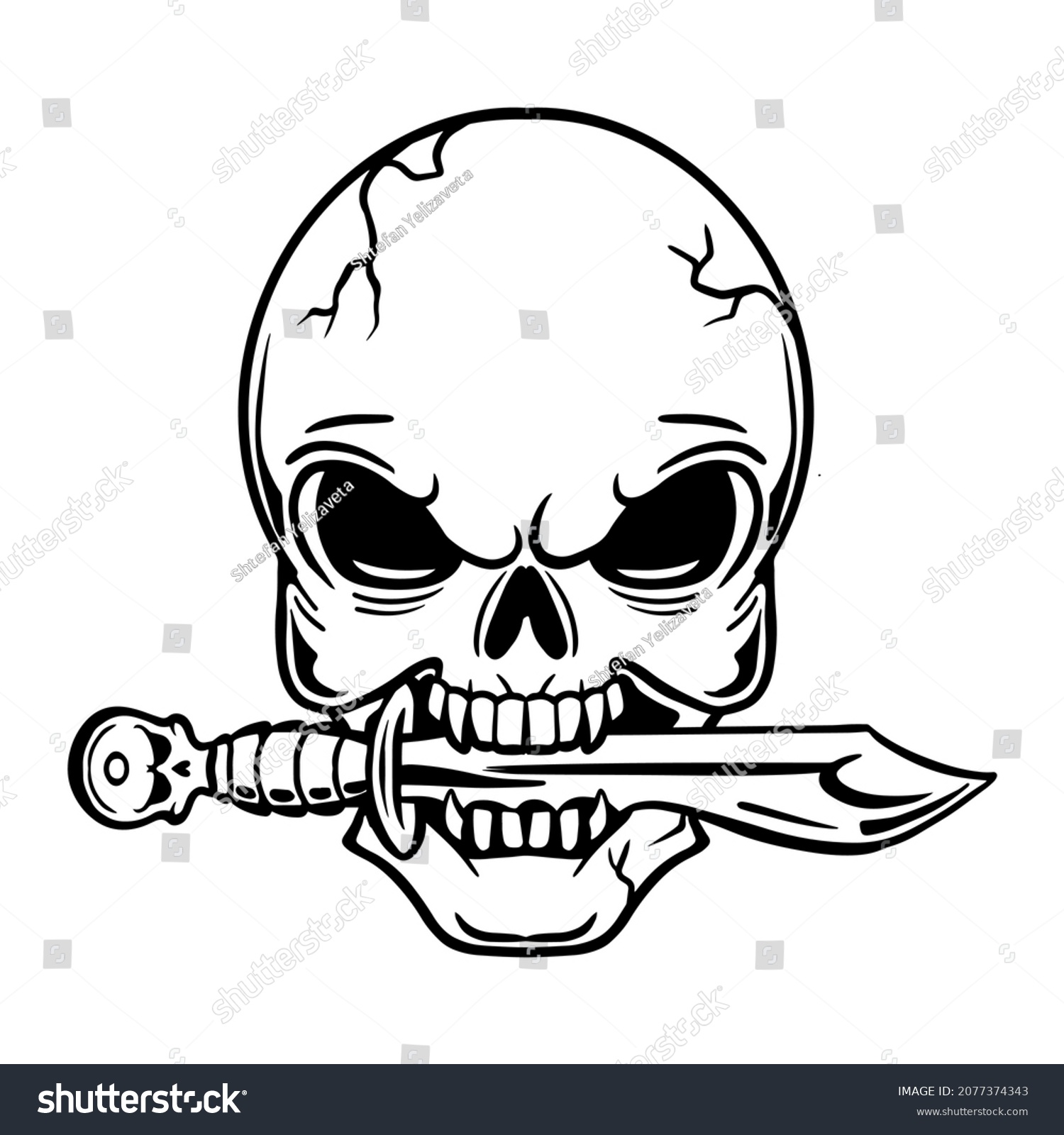 SVG of Skull pirate svg cut. Skull of a pirate with a saber in his teeth.Pirate skull emblem illustration with saber. svg