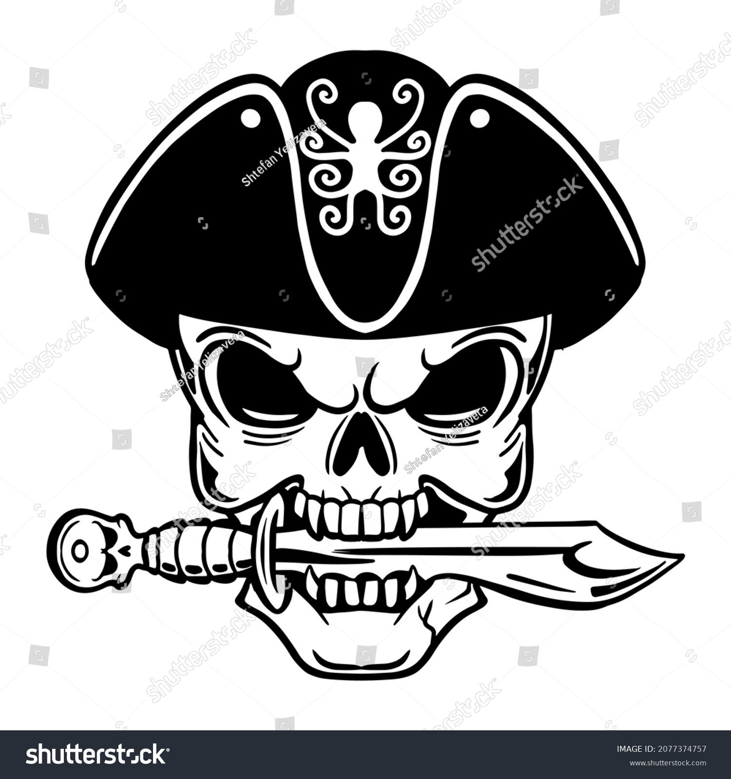 SVG of Skull pirate svg cut. Skull of a pirate with a saber in his teeth.Pirate skull emblem illustration with saber. Pirate with hat vector cutting svg