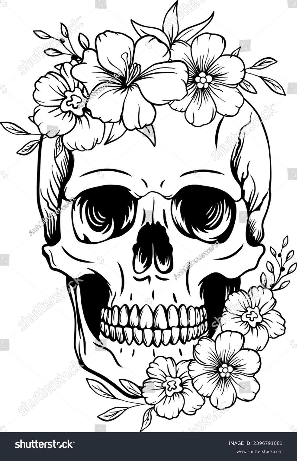 SVG of Skull Wildflowers, Floral Skull, Skull Flower, Sugar Skull, Wild Flowers Silhouette Cut File, Laser Cut File svg