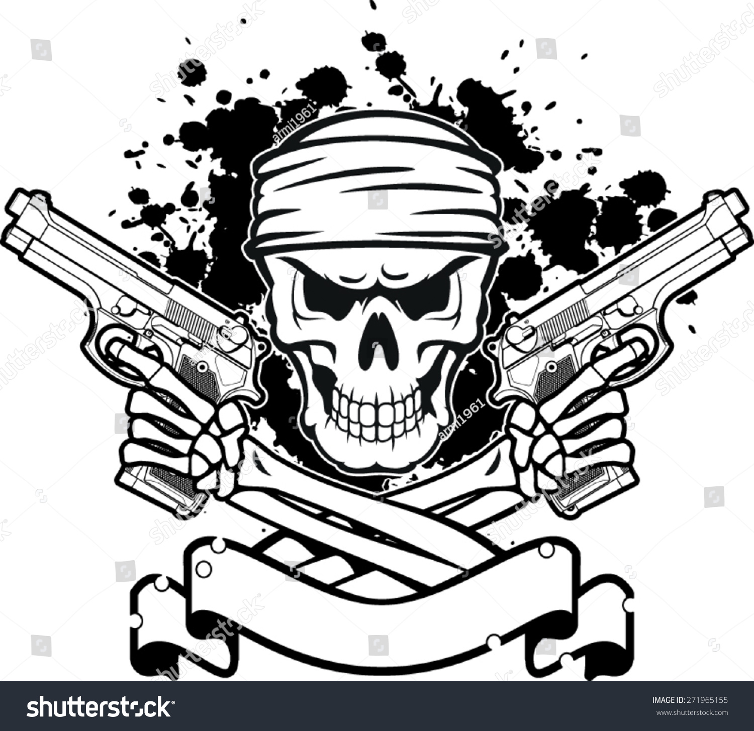 Skull With Bandana, Pistols And Banner Stock Vector Illustration ...