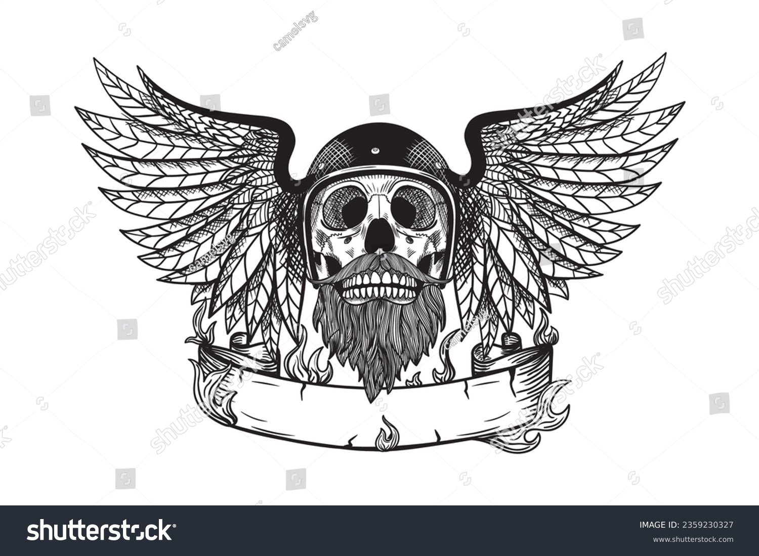 SVG of Skull with Beard SVG, Skull with Wings SVG, Biker, Bearded, Hand-Drawn Skull Illustration, Motorcycle Rider, Tattoo Style SVG, Motorcycle Club Design, Biker Artwork, Cool Skull svg