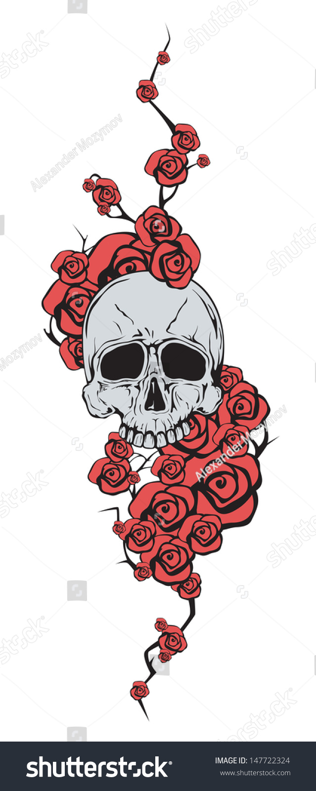 Skull Red Flowers Illustration Stock Vector (Royalty Free) 147722324