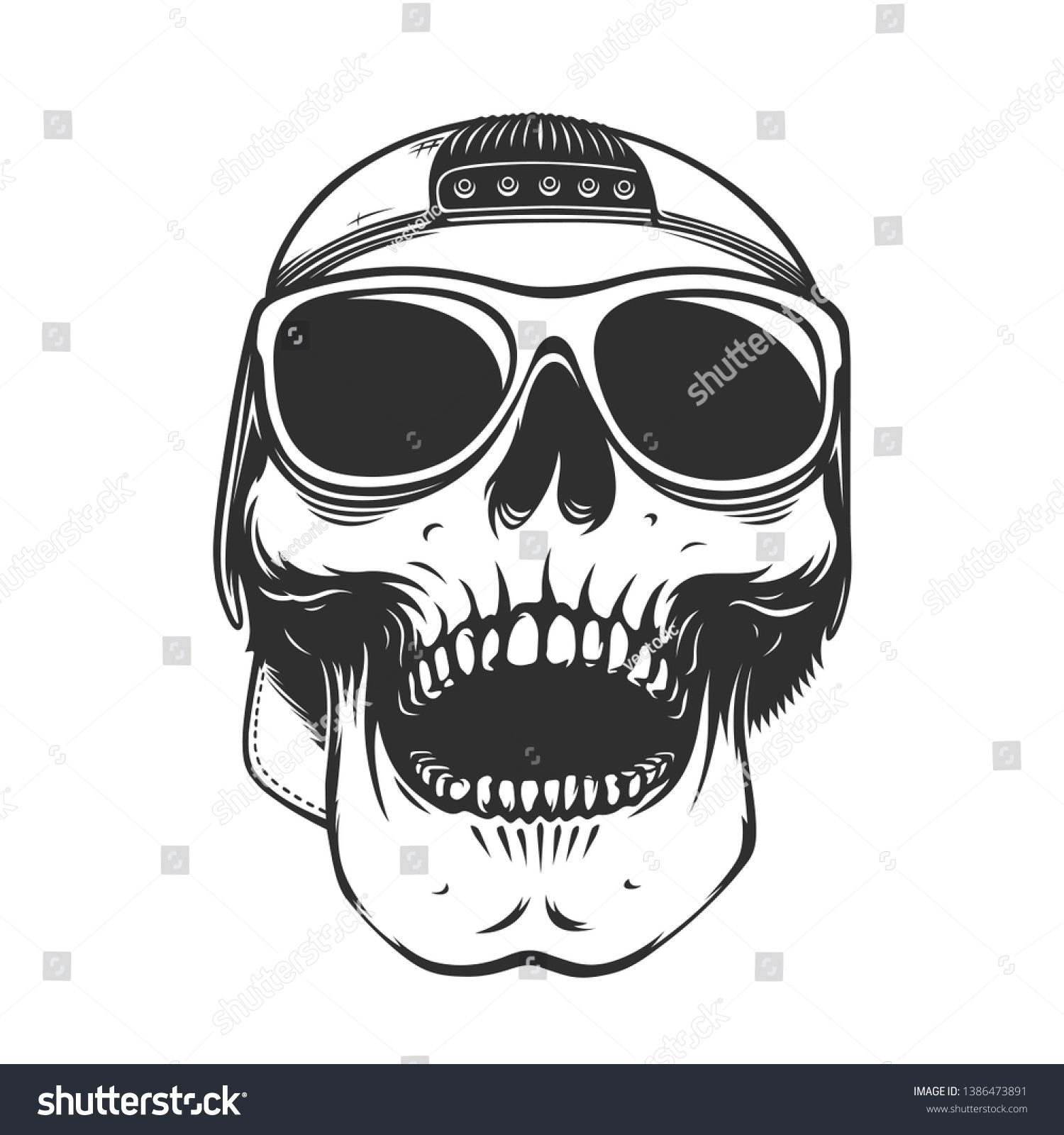 Skull Sunglasses Cap Monochrome Vector Illustration Stock Vector