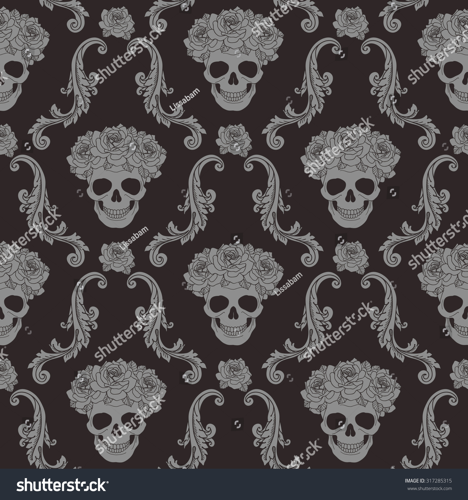 Skulls Roses Damask Pattern Seamless Background Stock Vector 317285315