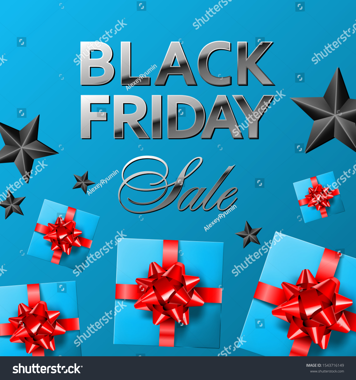 Sky blue square Black Friday Sale banner or social media post vector template. Silver shiny lettering with black stars and sky blue covered gifts with shiny red bows.
