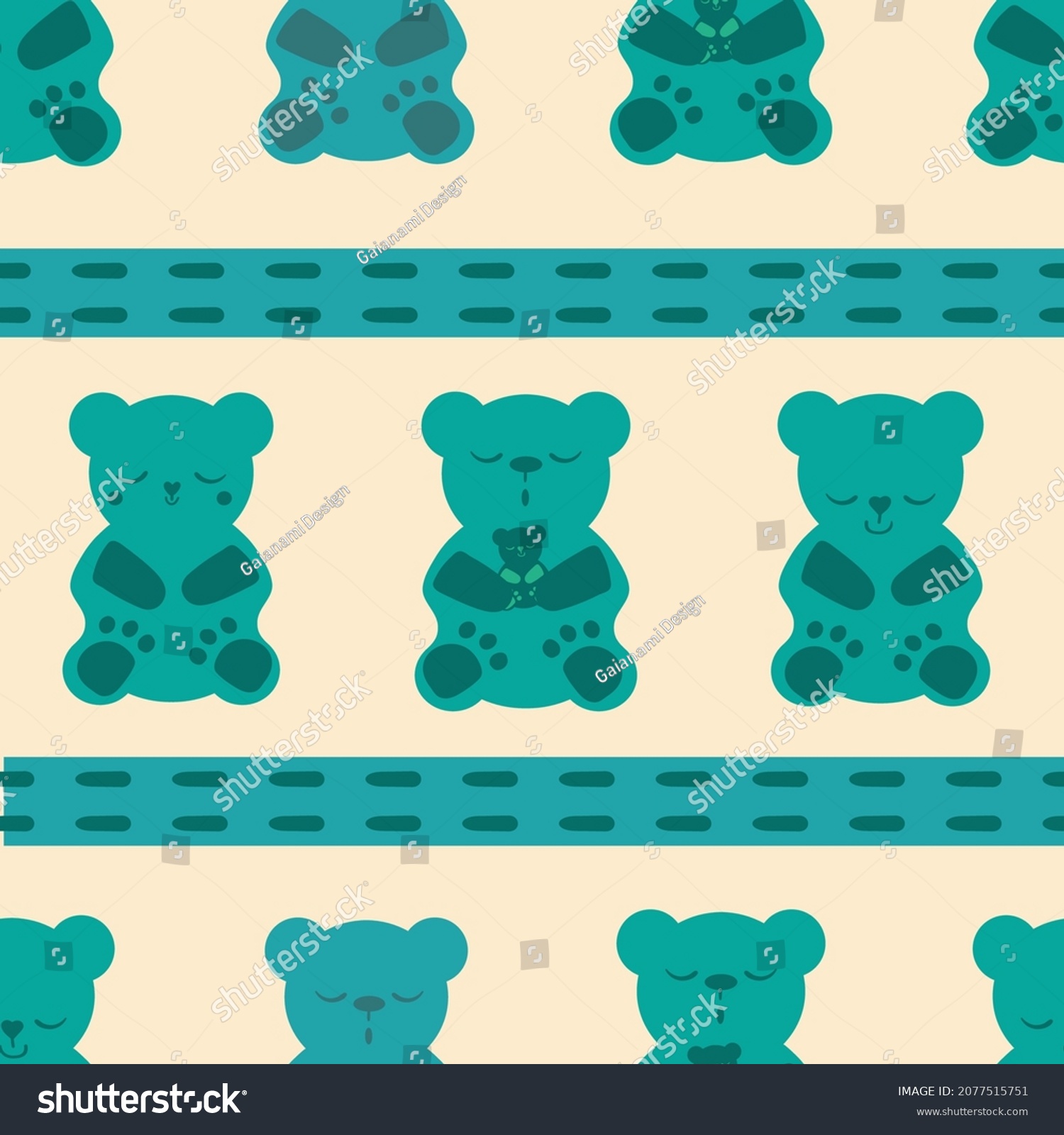 SVG of Sleep gummies stitch ribbon vector seamless pattern background. Backdrop with blue green sleepy gummy bears and horizontal stripe. Cute kawaii style characters for sleeping well, health concept. svg