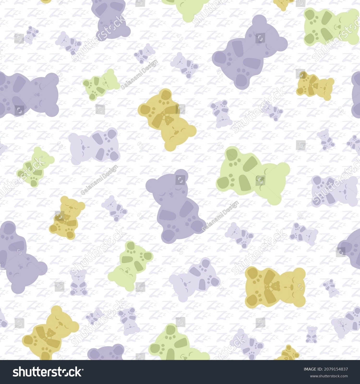 SVG of Sleep gummies vector seamless pattern background. Backdrop with gummy bears in pastel purple, green, white. Cute kawaii style characters for sleeping well, melatonin natural aid and health concept. svg