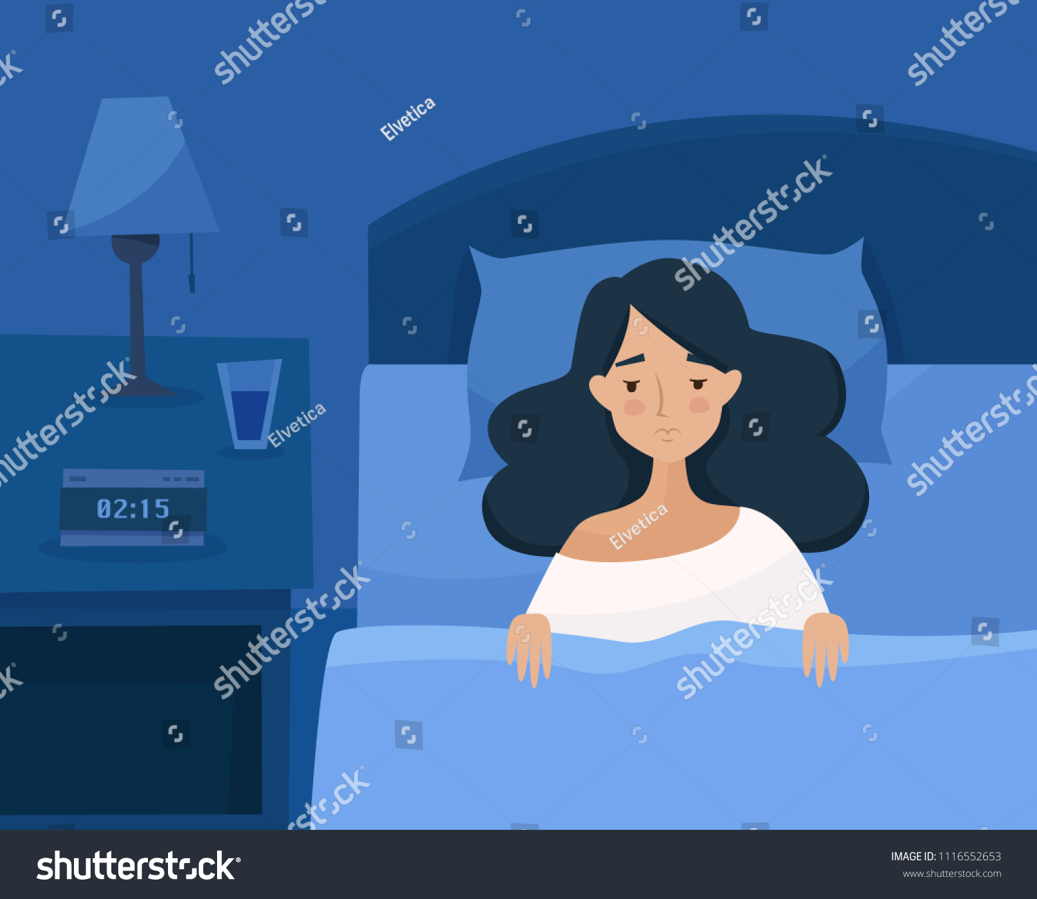 眠れない女の子は不眠症に悩む 暗い夜間の部屋で目を開けたベッドの女性 フラットなカートーンスタイルのベクターイラスト のベクター画像素材 ロイヤリティフリー