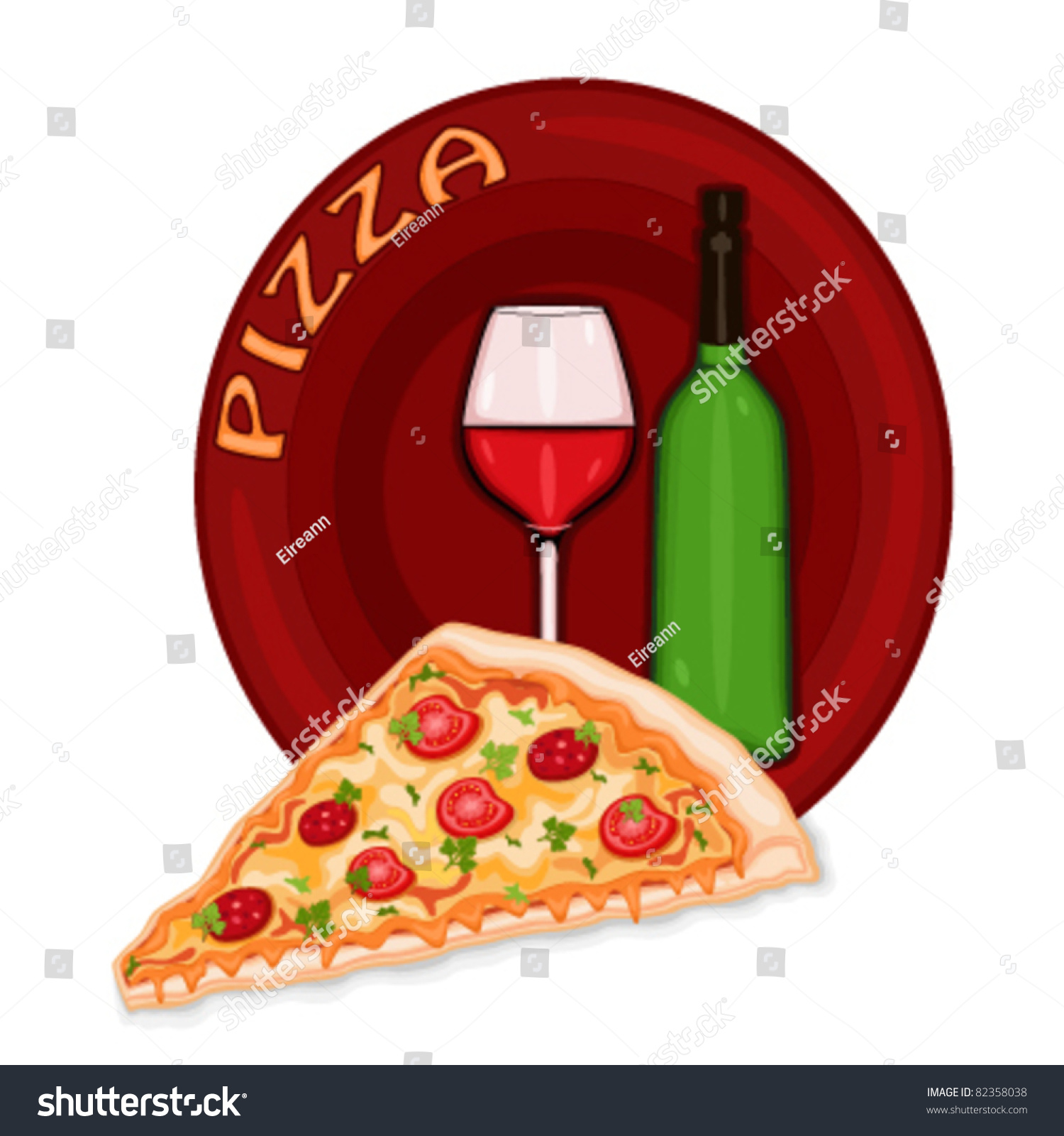 Slice Of Pizza Icon With Bottle And Glass Of Red Wine. Italian ...