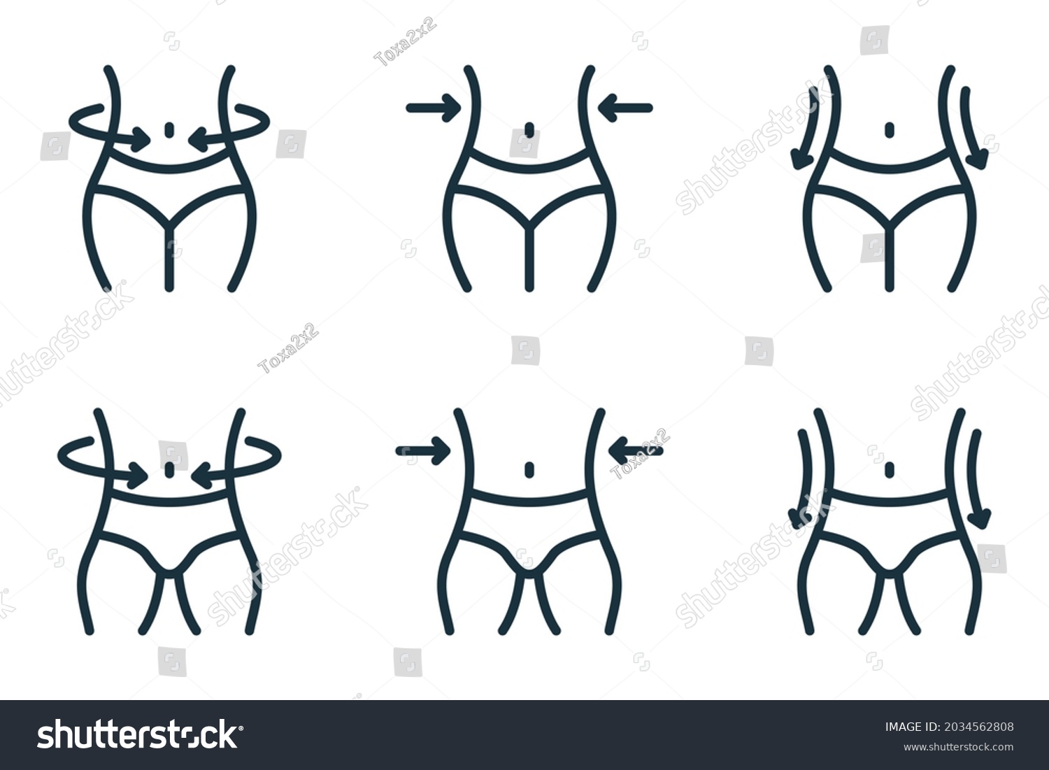SVG of Slimming Waist. Woman and Man Loss Weight Line Icon. Shape Waistline Control Outline Icon. Set of Female and Male Body Slimming Linear Pictogram. Editable Stroke. Isolated Vector Illustration. svg