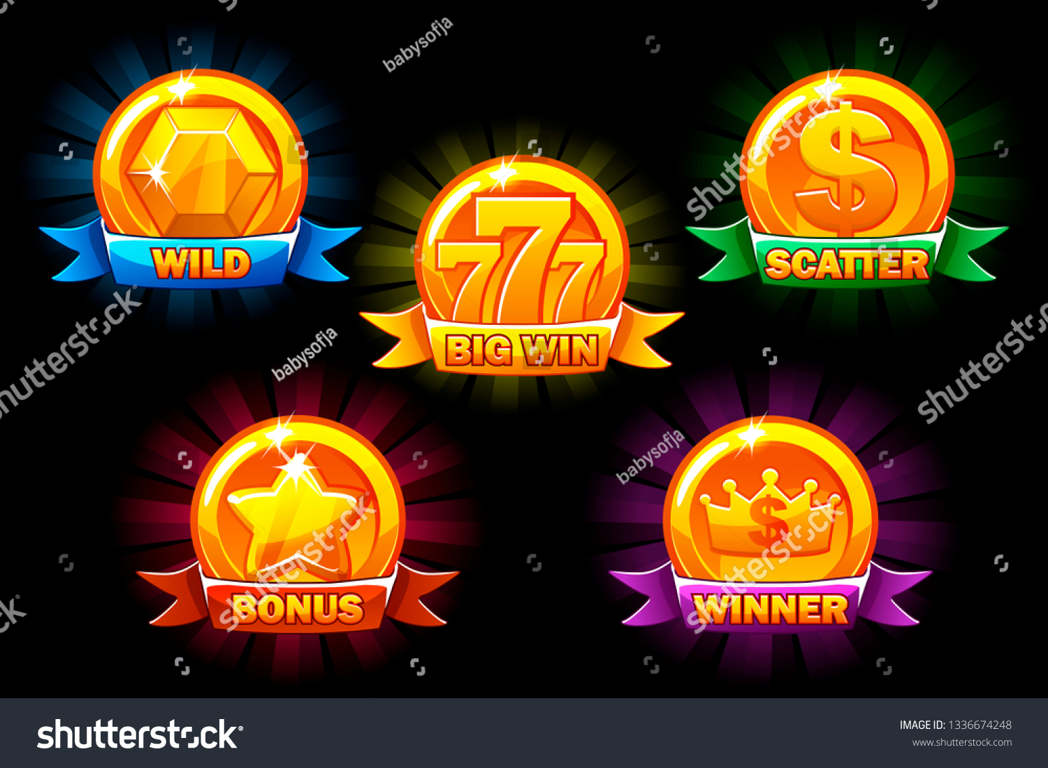 SVG of Slots icons, collections wild, bonus, scatter and winner symbols. For game, slots, game development. svg