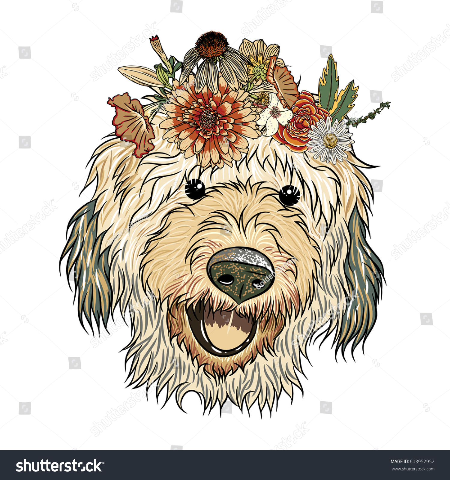 SVG of Small, cute Labradoodle puppy girl wearing exotic floral wreath. Friendly doggy portrait with flowers. Vector illustration. svg