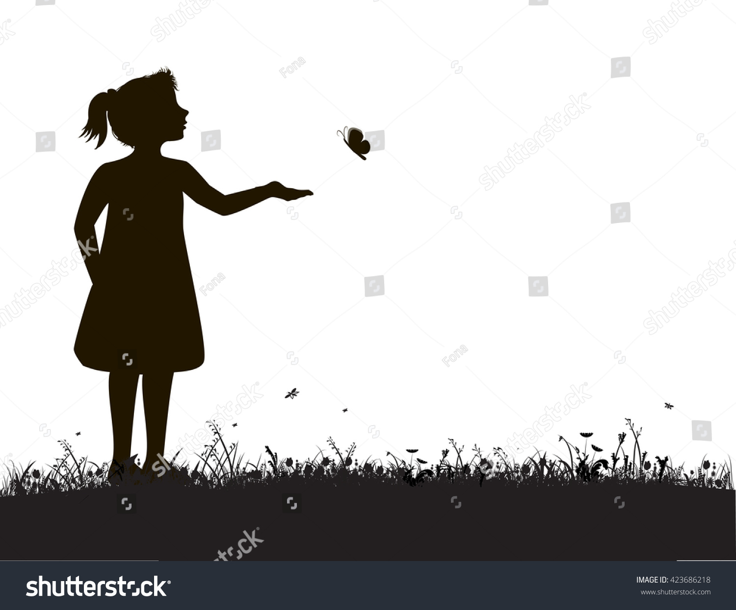 Small Girl And Butterfly, Try To Catch Butterfly,Summer Garden Scene ...