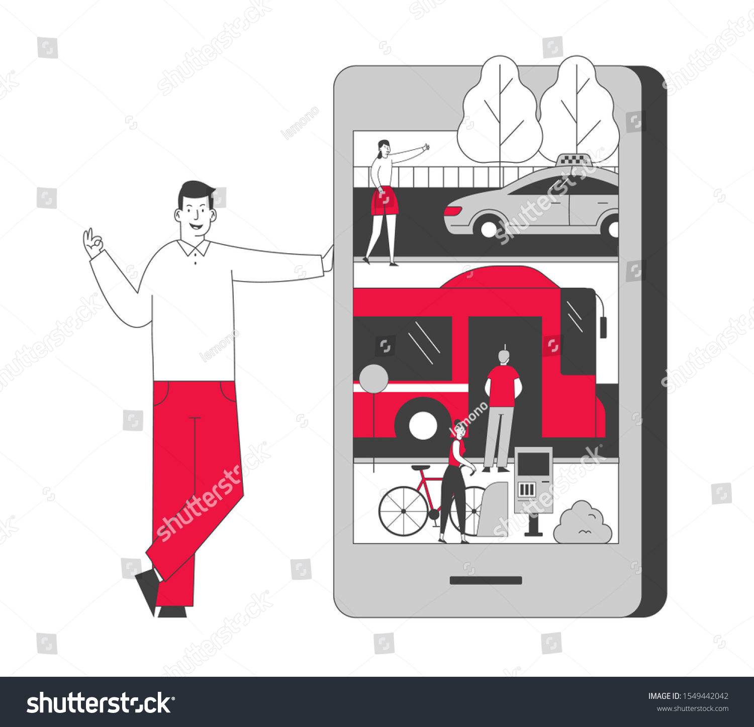 recommend clip art: Smart Application for Ordering City Transport Concept. Young Man Stand at Huge Smartphone with Taxi Bus and Rent Bike Transportation on Screen. Mobile App. Cartoon Flat Vector Illustration, Line Art