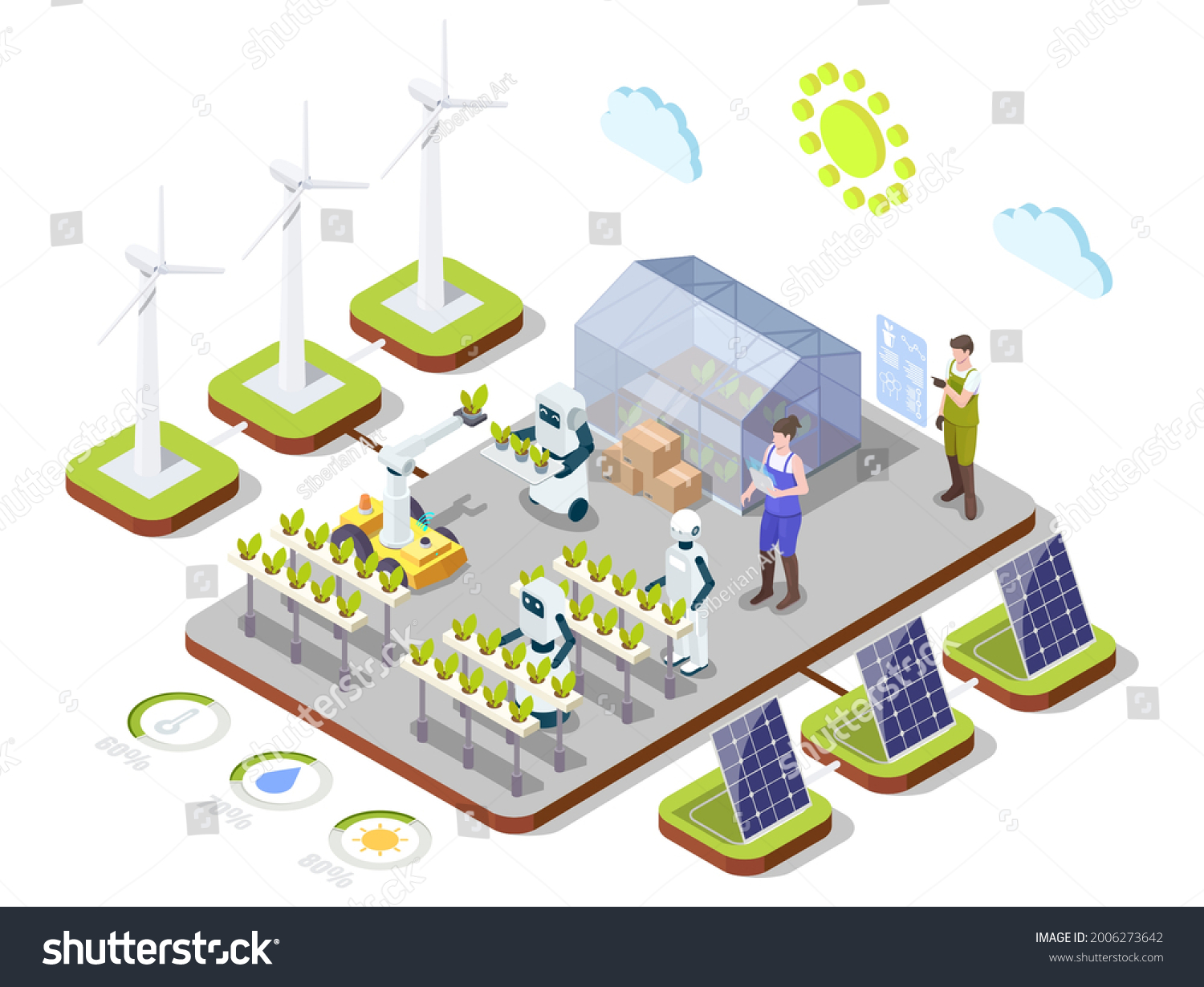 SVG of Smart farming infographic, flat vector isometric illustration. Smart organic farm using AI technologies and clean energy produced by wind turbines, solar panels. AI in agricultural industry. svg