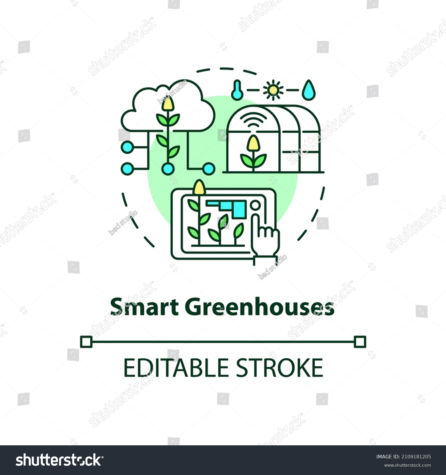SVG of Smart greenhouses concept icon. IoT agriculture abstract idea thin line illustration. Growing process automation. Isolated outline drawing. Editable stroke. Roboto-Medium, Myriad Pro-Bold fonts used svg