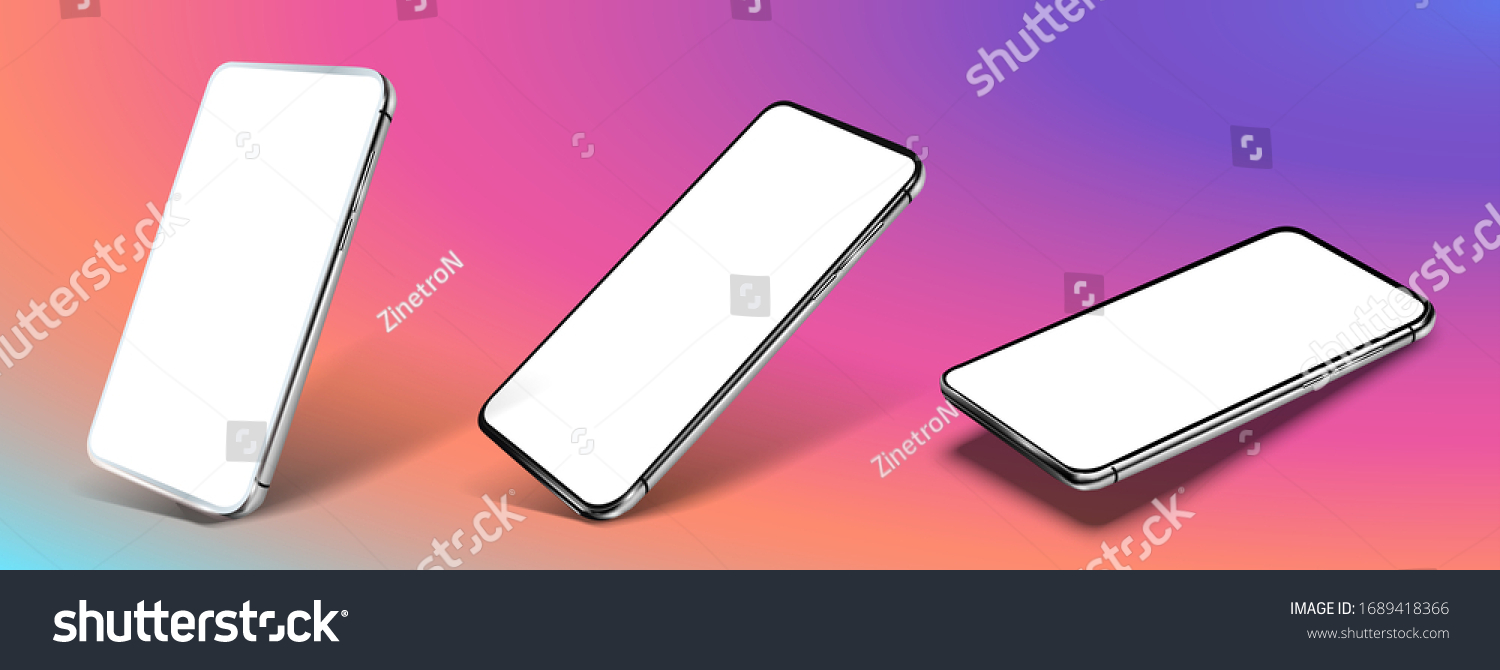 SVG of Smartphone frame less blank screen, rotated position. Smartphone from different angles. Mockup generic device. Vector smartphones set.Template for infographics or presentation 3D realistic phones. UX svg