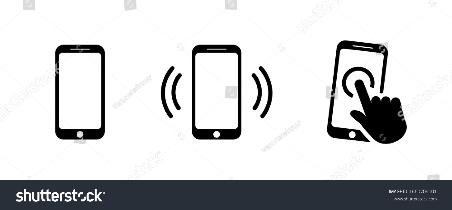 SVG of Smartphone icon set in flat style isolated on white. Mobile phone with hand symbol. Ringing or vibrating phone icon. Simple click sign in black. Vector illustration for graphic design, logo, Web, UI. svg