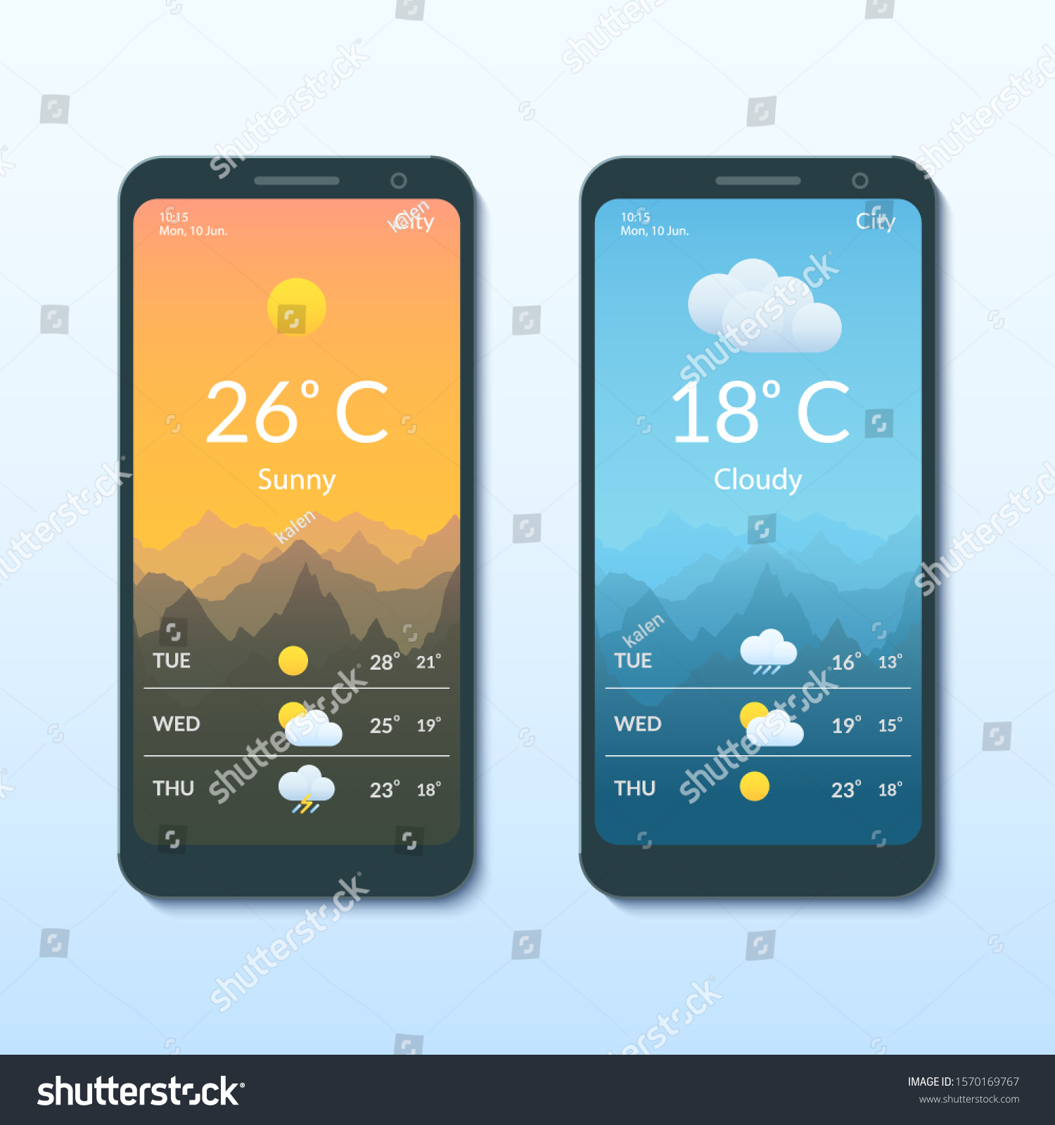 Smartphone Screens Weather Forecast Mobile App Stock Vector (Royalty