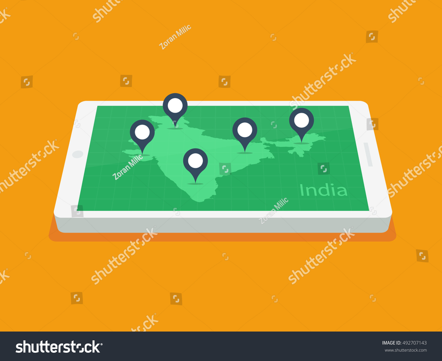 Smartphone with India map and gps map pointers/pins vector illustration in flat style