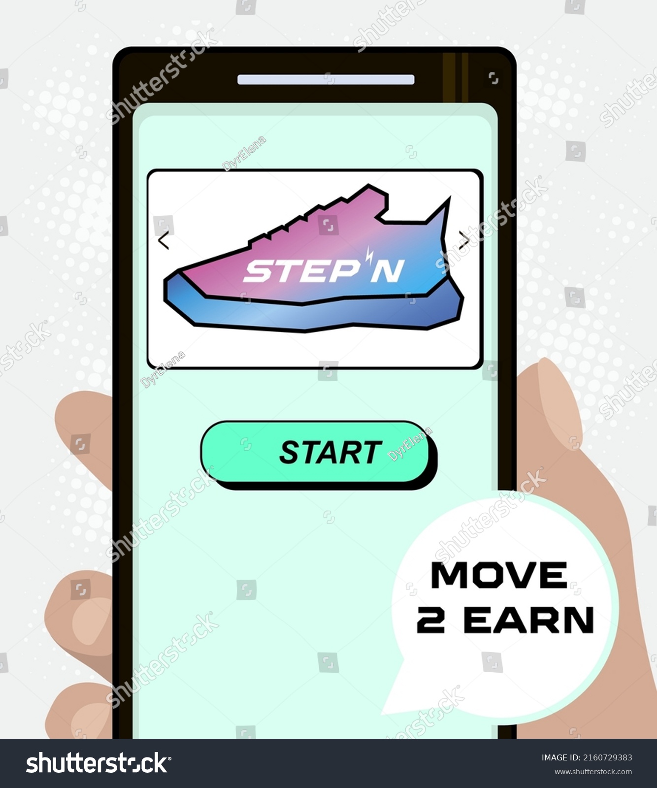 SVG of Smartphone with virtual shoes, text move 2 earn and button start svg