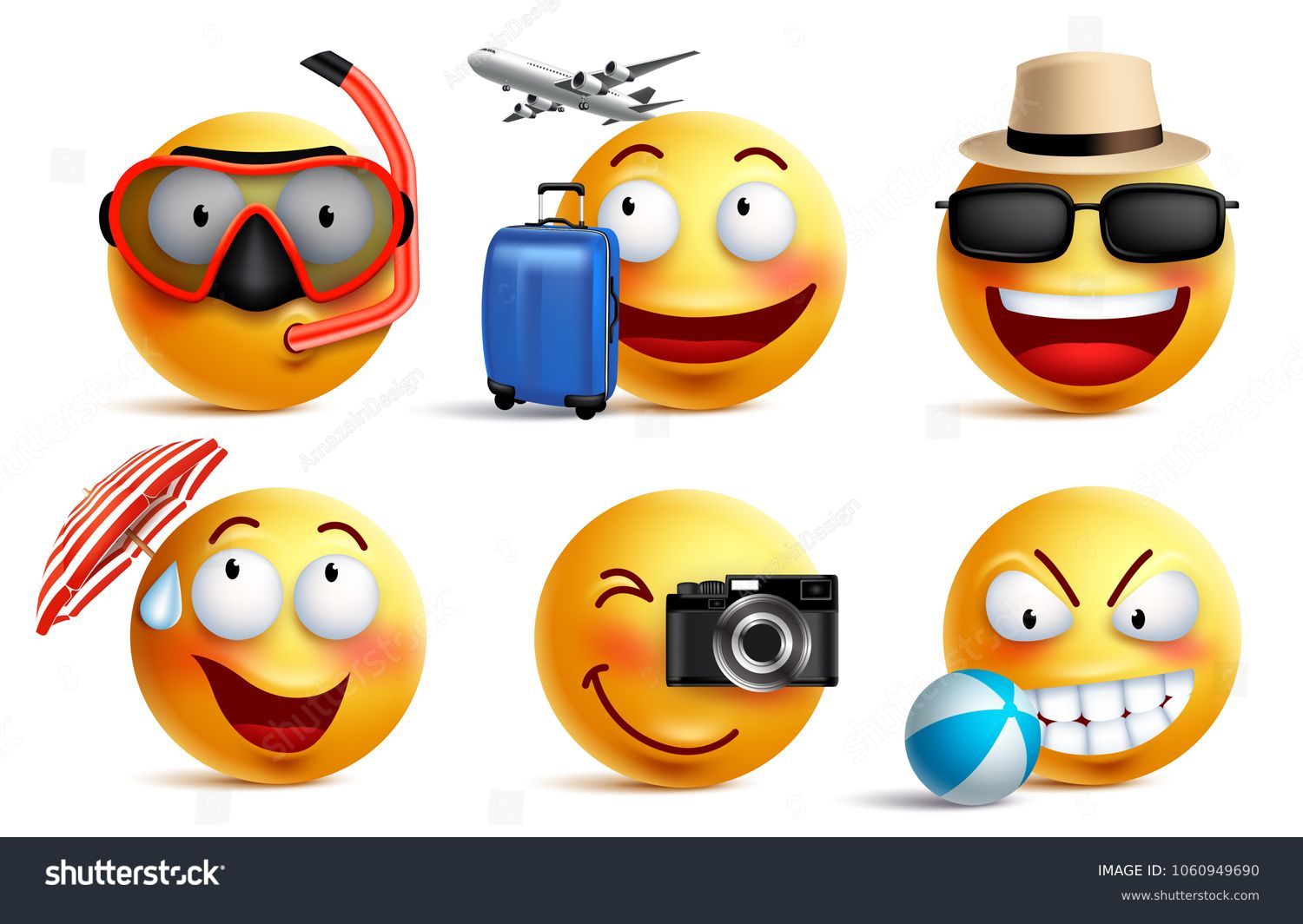 SVG of Smileys vector set with summer and travel outfits. Smiley face emoticons with facial expressions and beach elements for summer vacation and holiday in white background. Vector illustration. svg