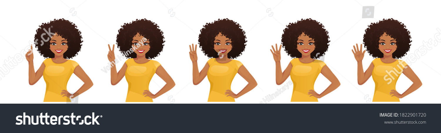 SVG of Smiling beatiful woman with afro hairstyle pointing up. One, two, three, four, five fingers isolated vector illustration svg