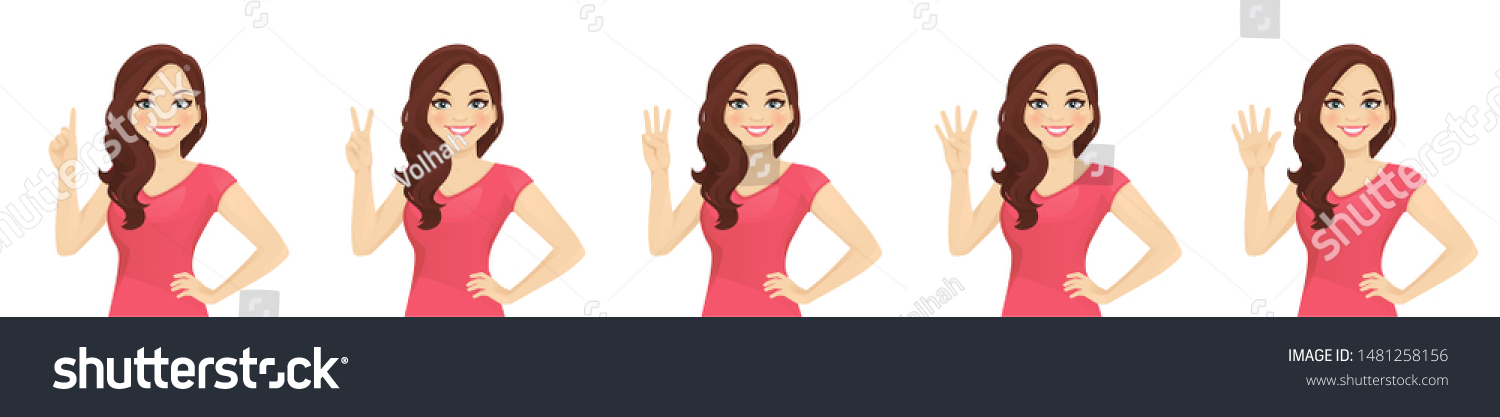 SVG of Smiling beatiful woman with curly hairstyle pointing up. One, two, three, four, five fingers isolated vector illustration svg