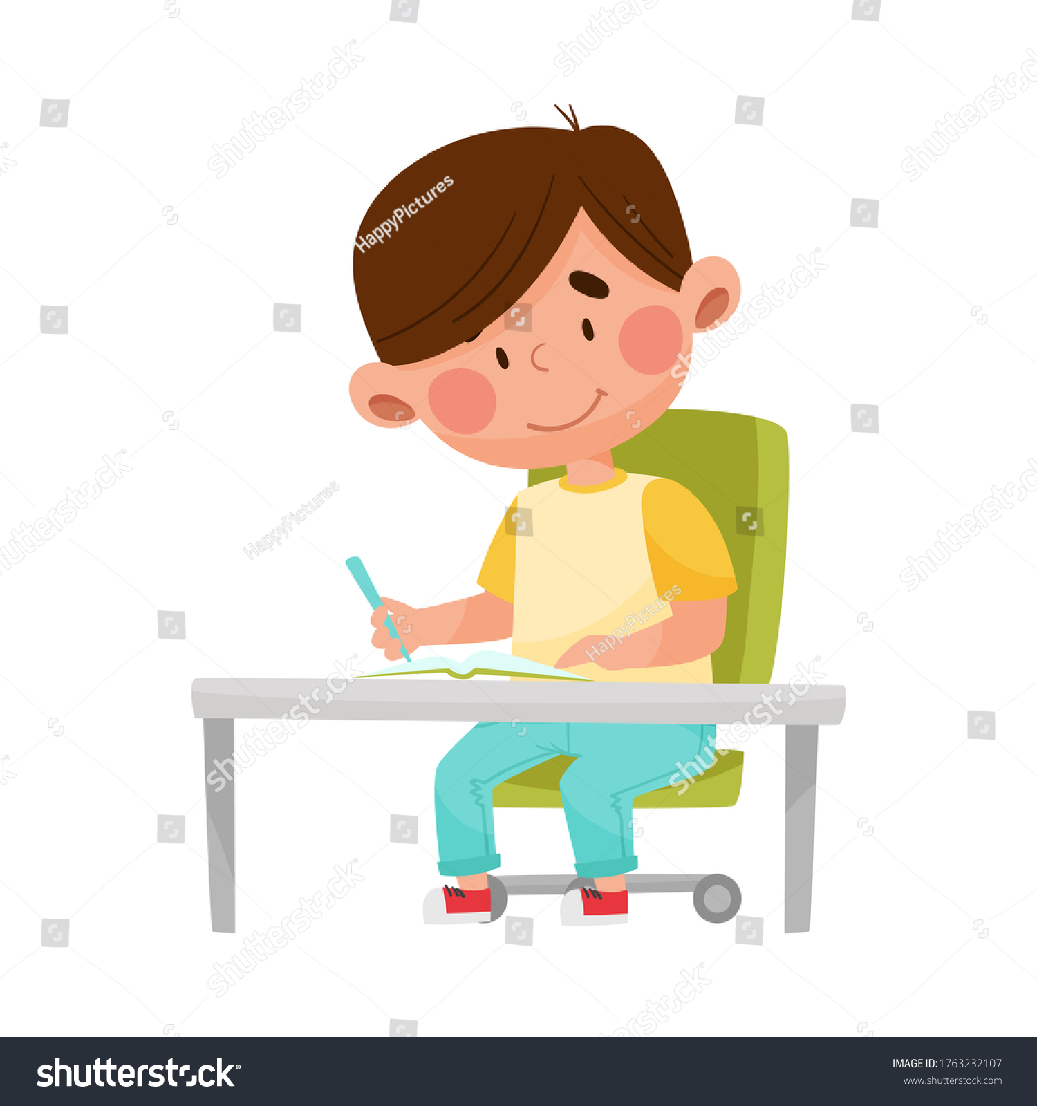 Smiling Boy Character Sitting Table Doing Stock Vector (Royalty Free ...