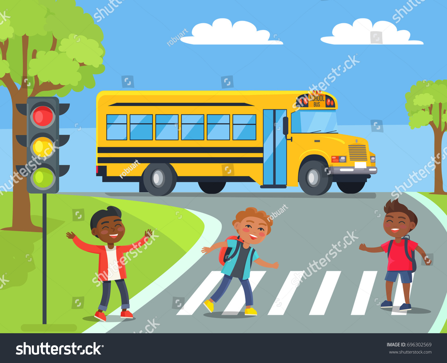 Smiling Boys Standing On Pedestrian Crossing Stock Vector ...