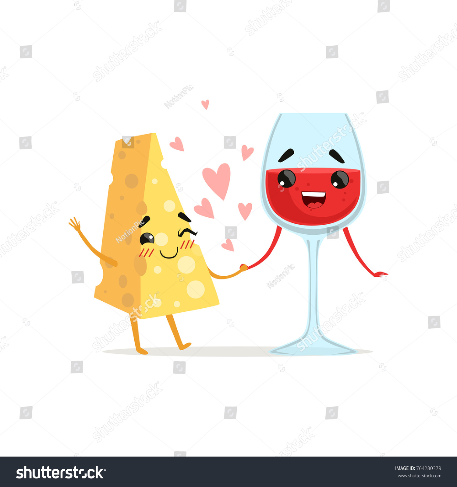 SVG of Smiling cheese and glass of red wine holding by hands. Couple in love. Food and drink concept. Vector illustration characters in flat style svg