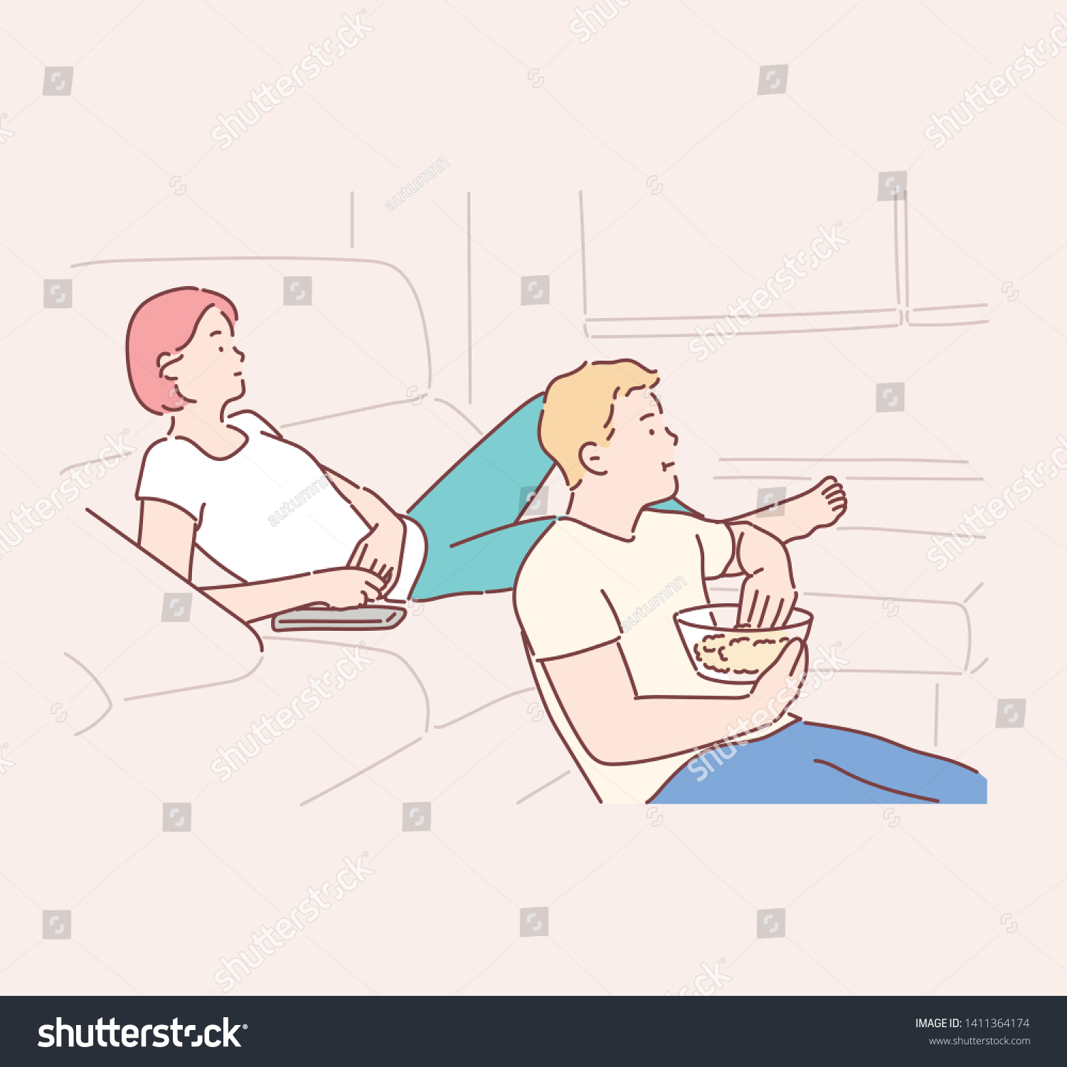 SVG of Smiling couple relaxing and watching TV at home, eating popcorn, having rest after hard week. Hand drawn style vector design illustrations. svg