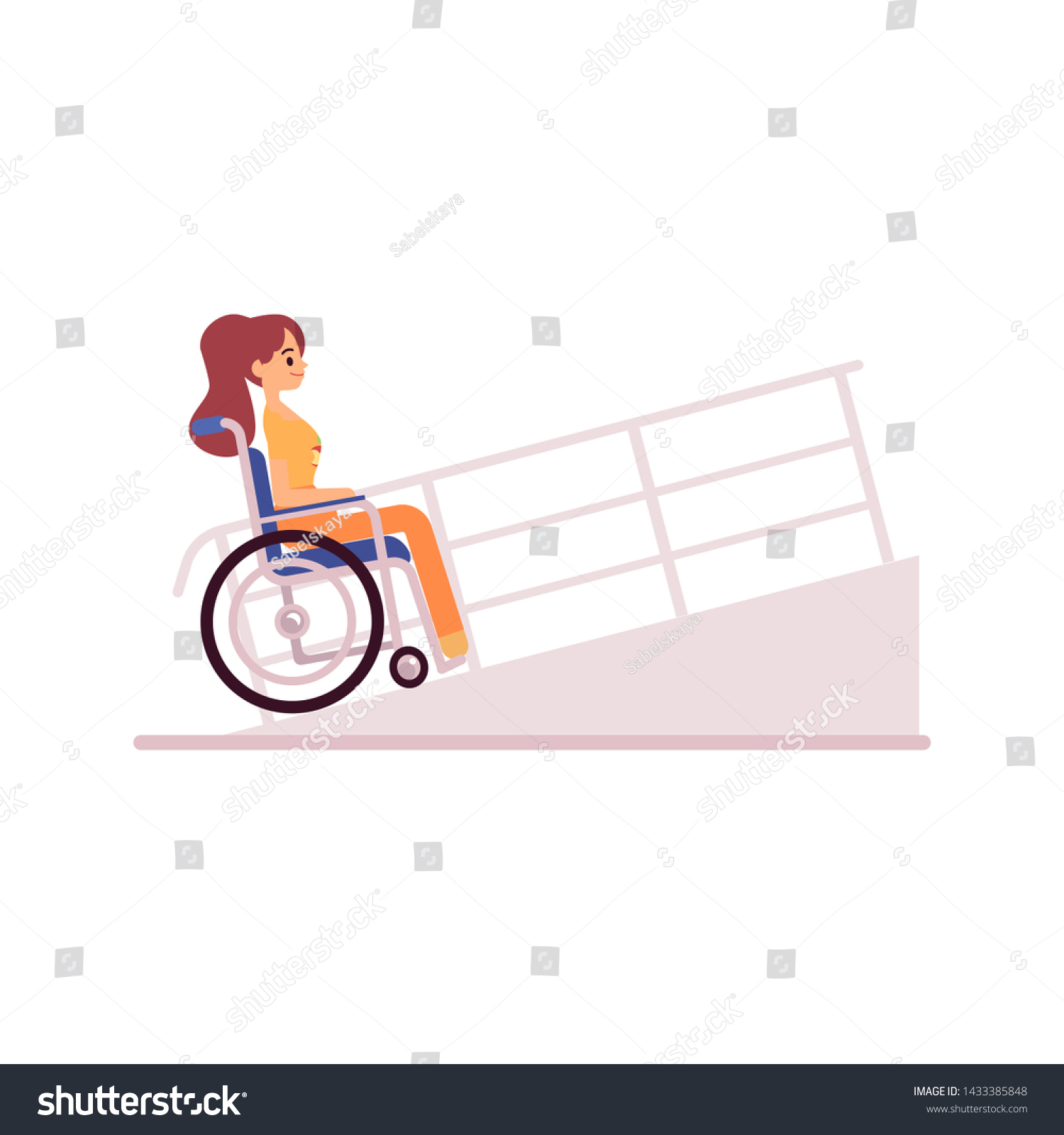 白い背景に車いすで走る笑顔の障害者の女性が スロープの平らな漫画スタイルで ベクターイラスト 車椅子に座り 横倒しの女の子 のベクター画像素材 ロイヤリティフリー