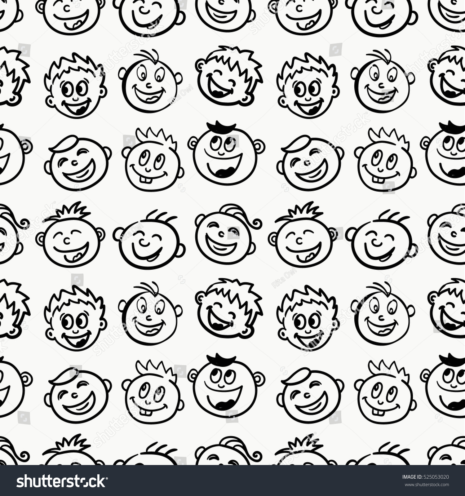 Smiling Kids Seamless Vector Pattern In Hand-Drawn Style. Happy Smiling ...