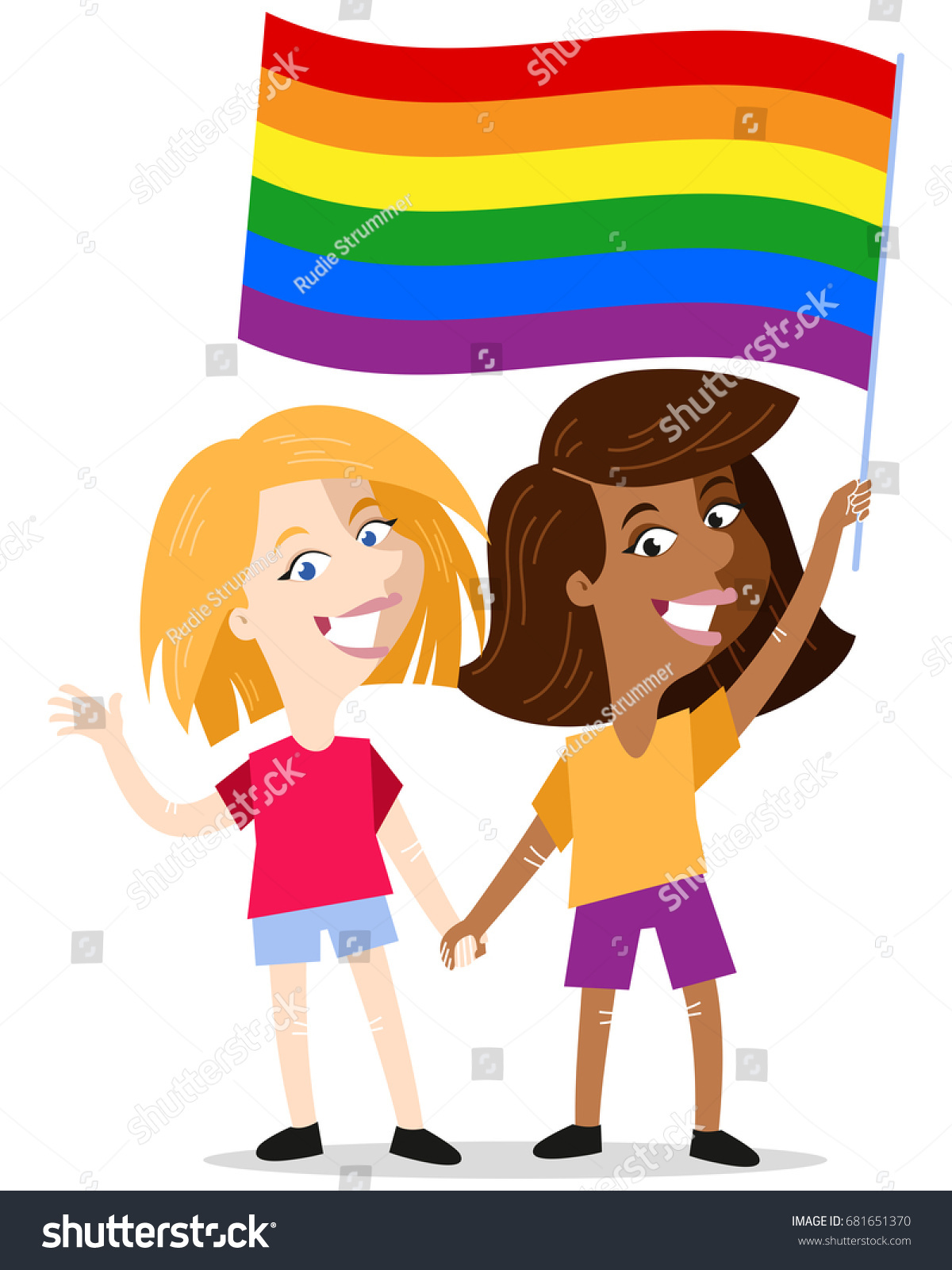 Smiling Lesbian Cartoon Couple Holding Hands Vector De Stock Libre De Regalías 681651370 