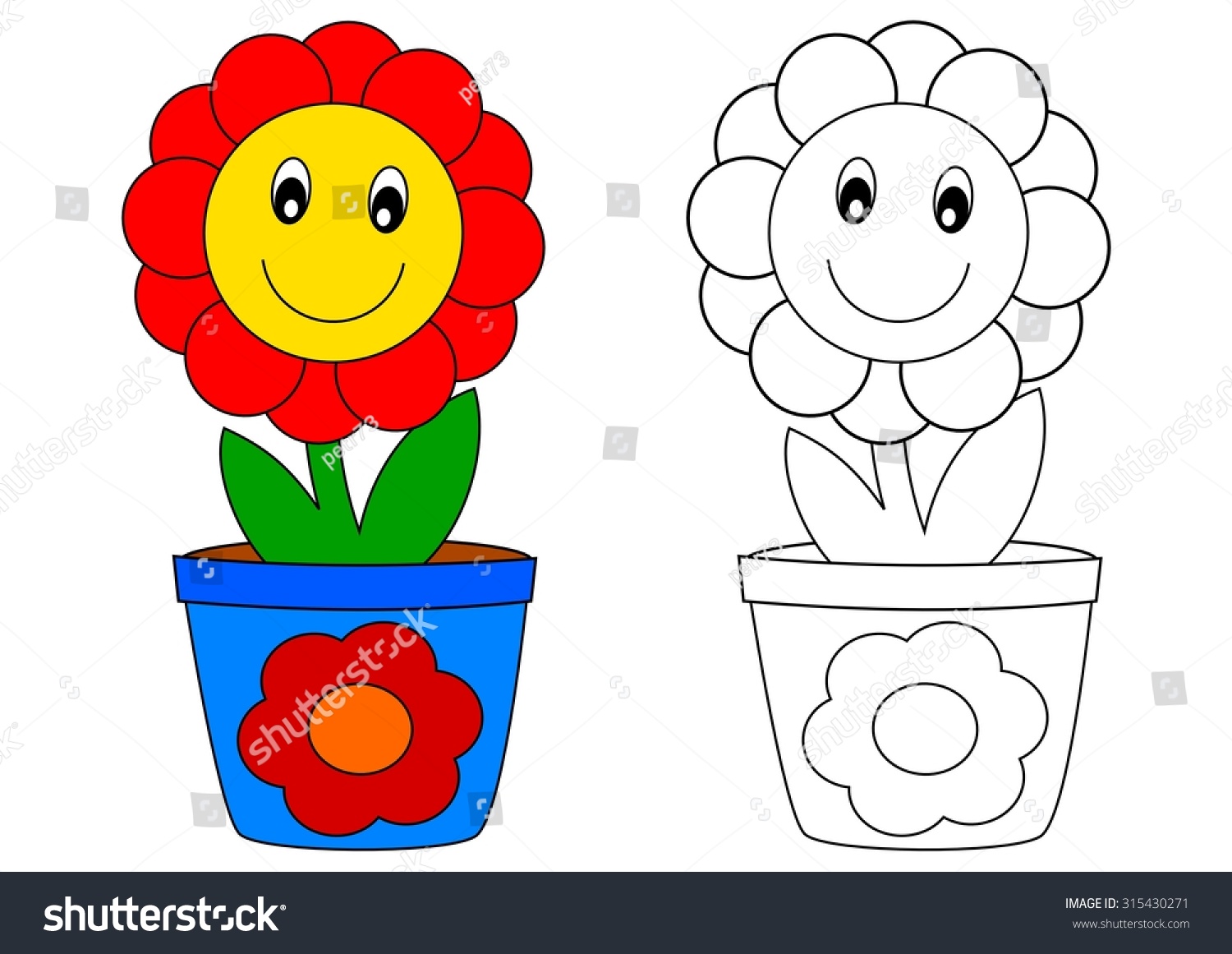 Smiling Red Flower Blue Pot Coloring Stock Vector Royalty Free ...