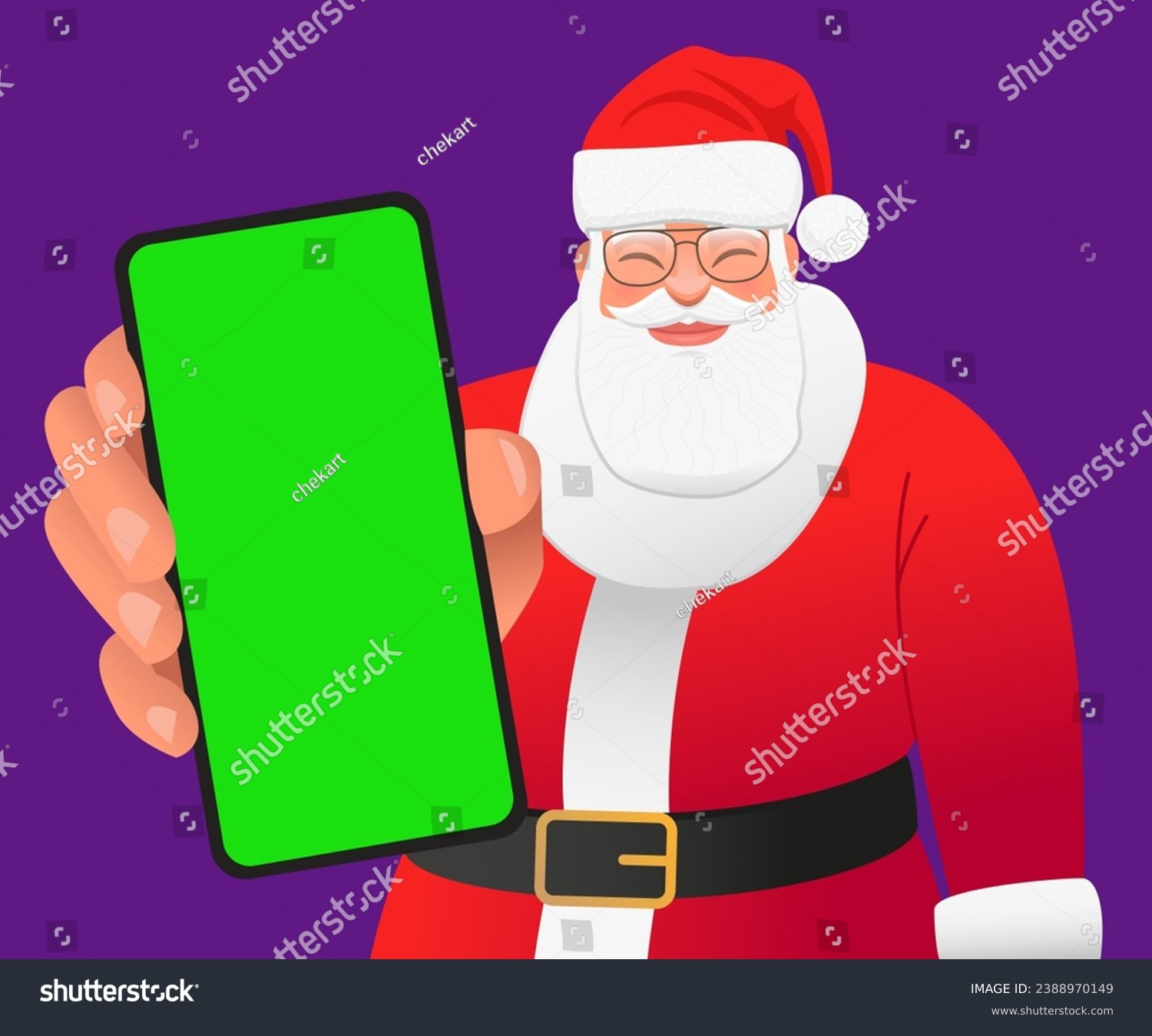 SVG of Smiling Santa Claus with glasses is standing with a smartphone in his hand. Cartoon Santa shows a close-up of a green phone screen to the camera. Place to advertise a mobile app. Vector illustration. svg